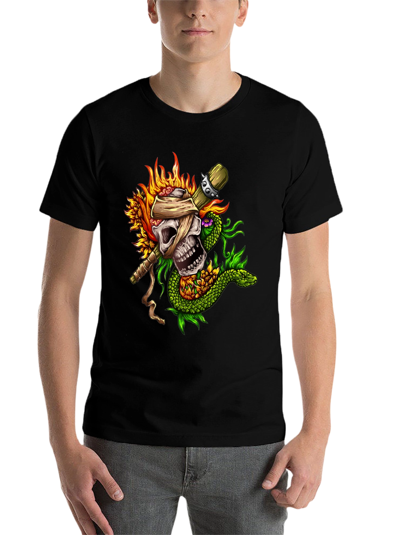 Skull, Snake, Sunflowers Black T-Shirt - 7