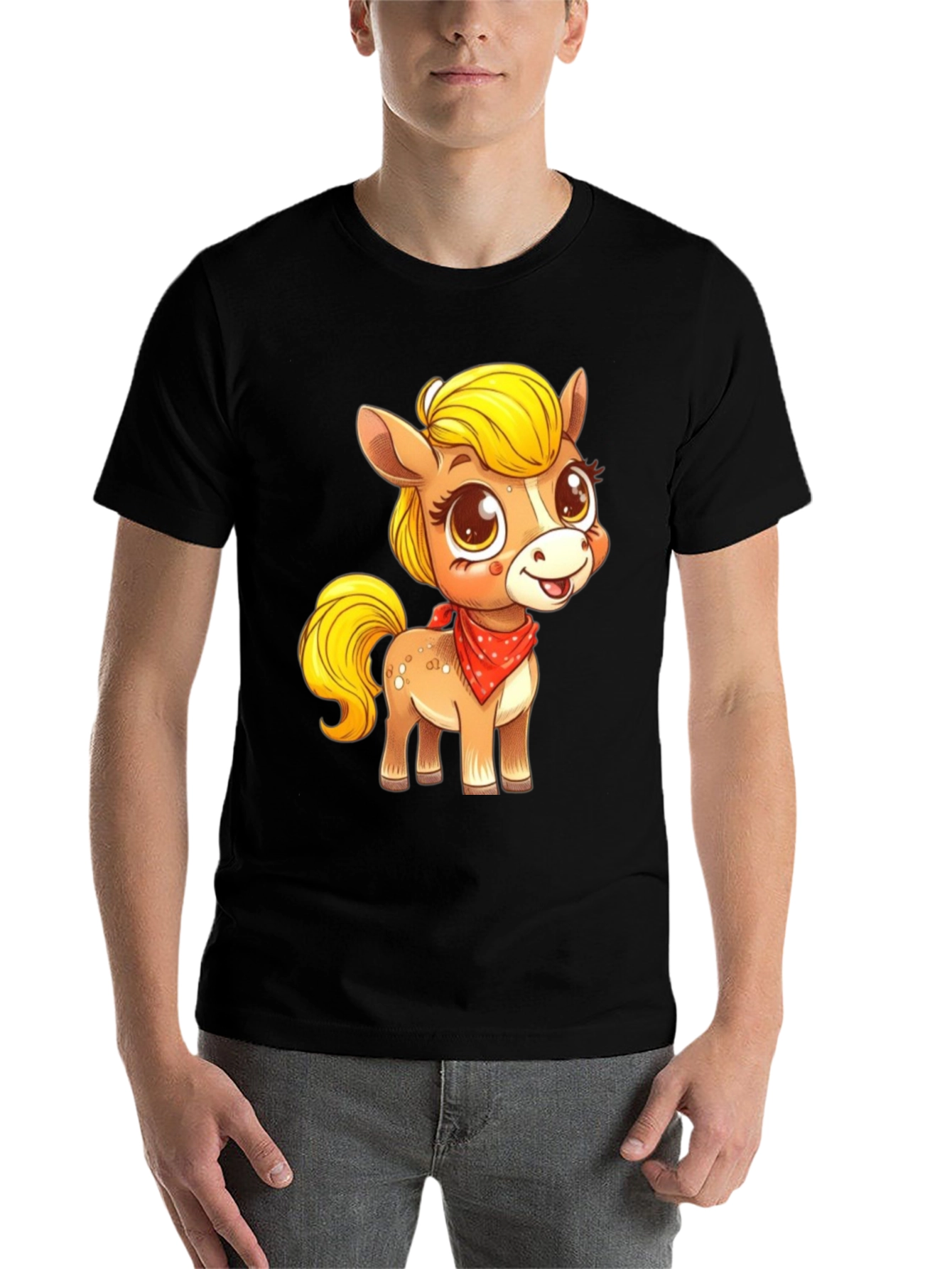 Black Cute Pony Cartoon Graphic Black T-Shirt view 7