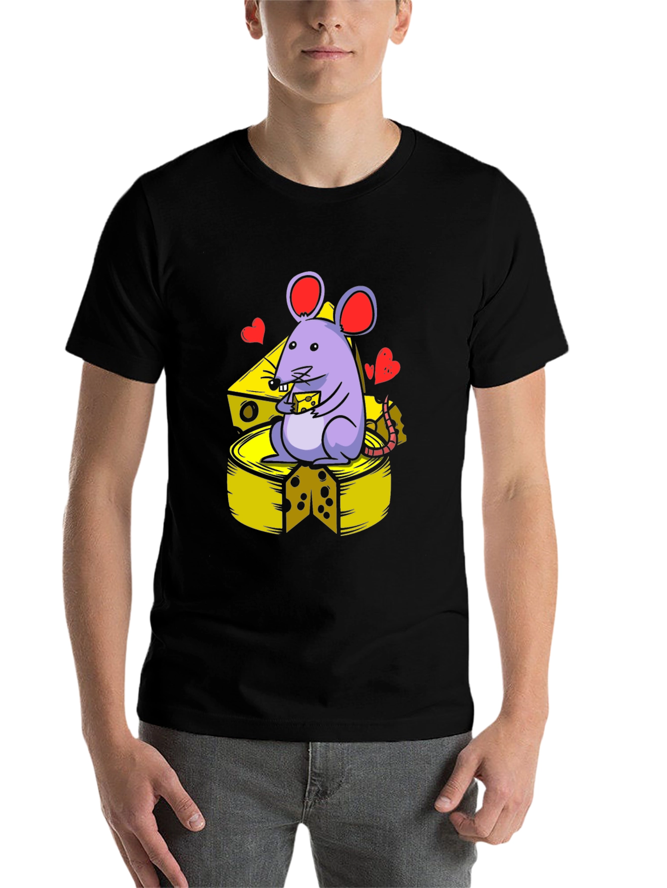 Black Funny Mouse & Cheese Graphic Tee - Unisex Black T-Shirt view 7