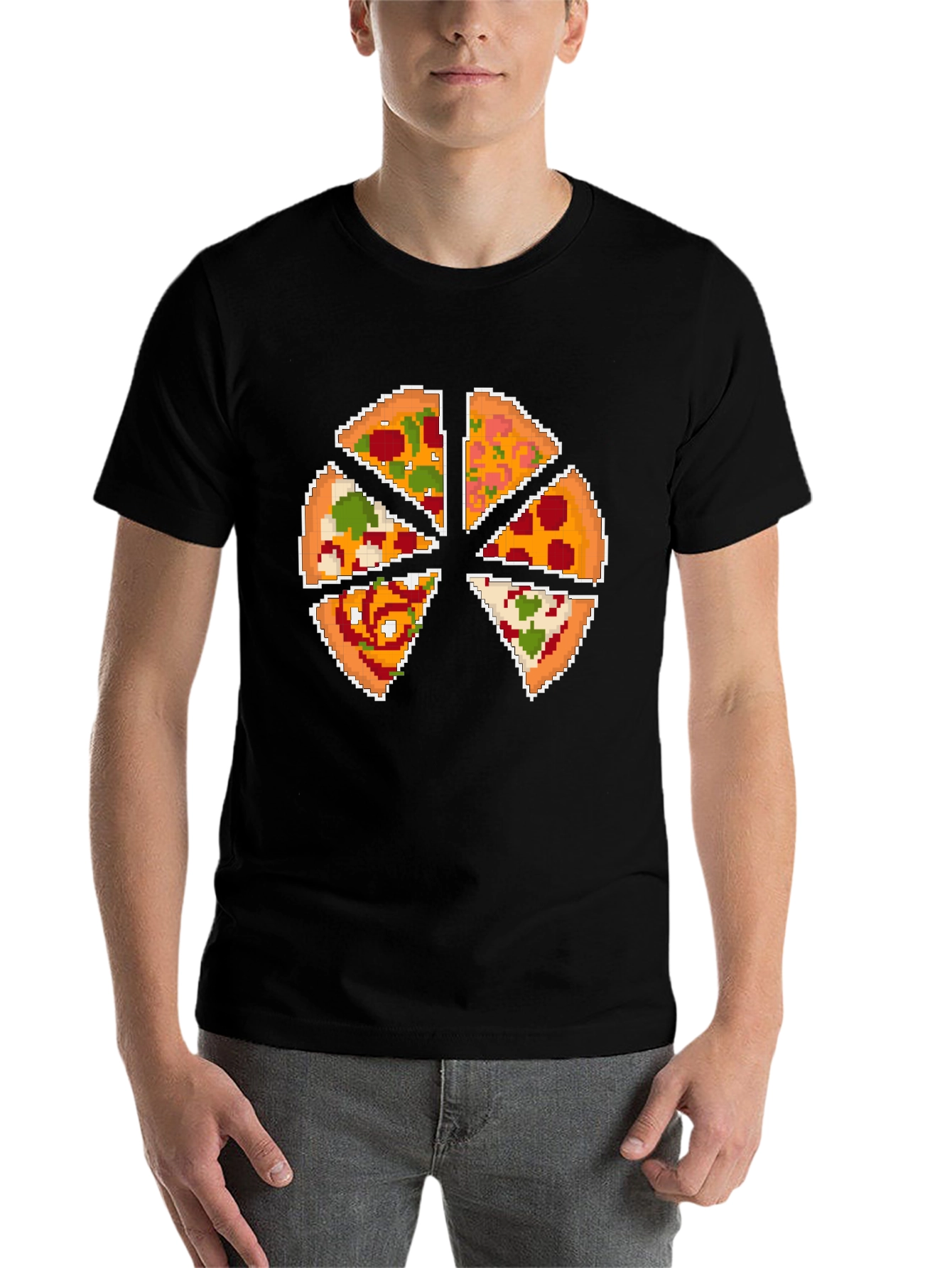 Black Pixel Pizza Slice Graphic T-Shirt - Fun Novelty Tee view 7