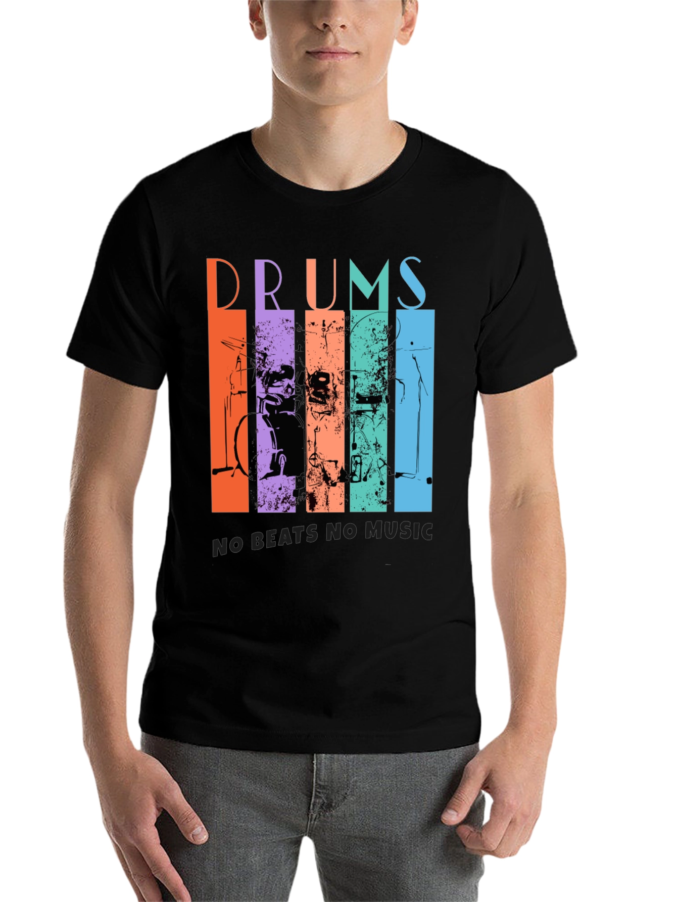 Black Colorful Drums Music Graphic T-Shirt view 7