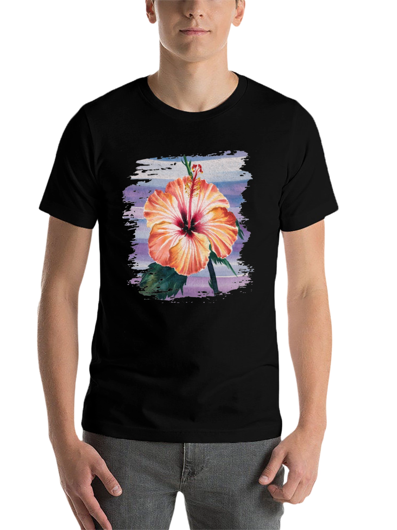 Black Hibiscus Flower Graphic Black T-Shirt view 7