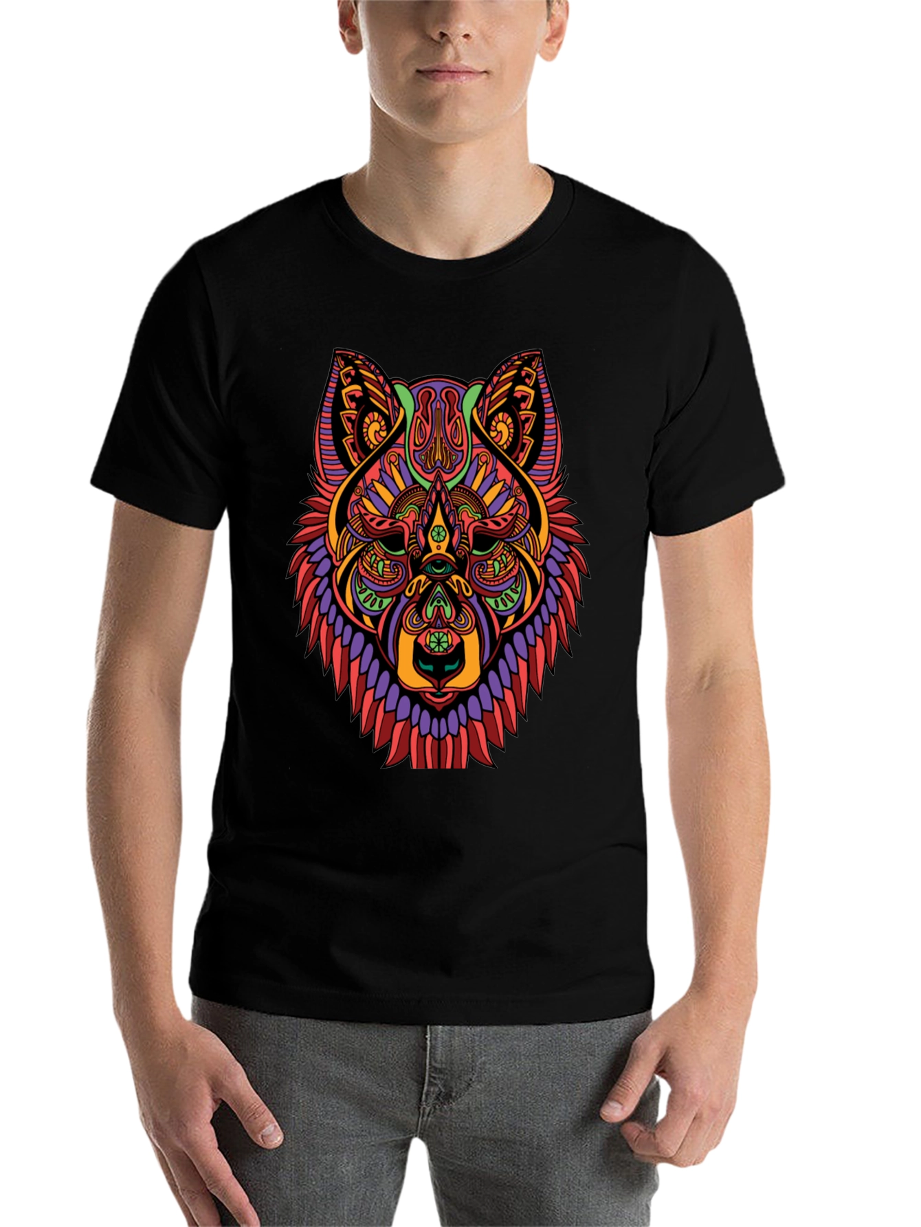 Black Psychedelic Wolf Graphic Print Black T-Shirt view 7