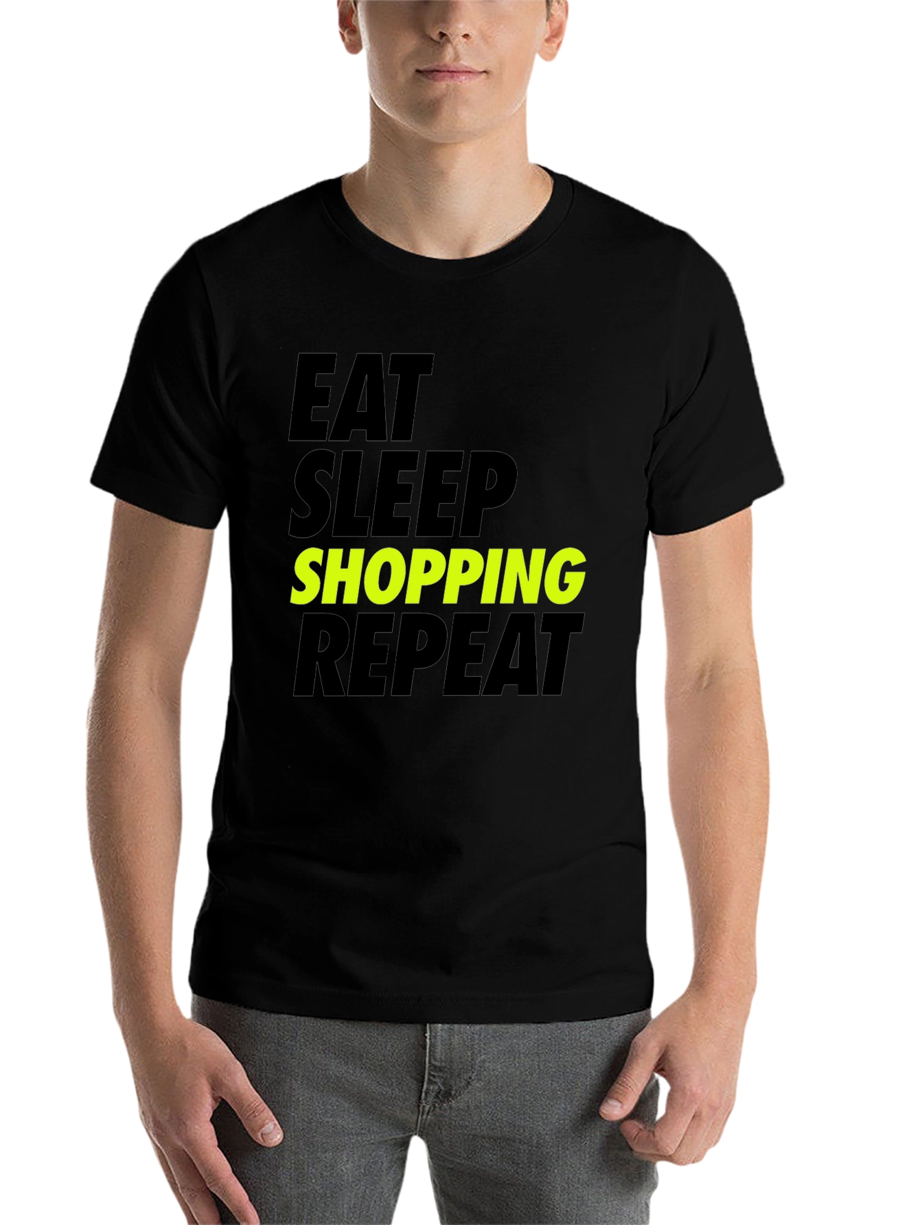 Black Eat Sleep Shopping Repeat T-Shirt - Black Cotton Tee view 7