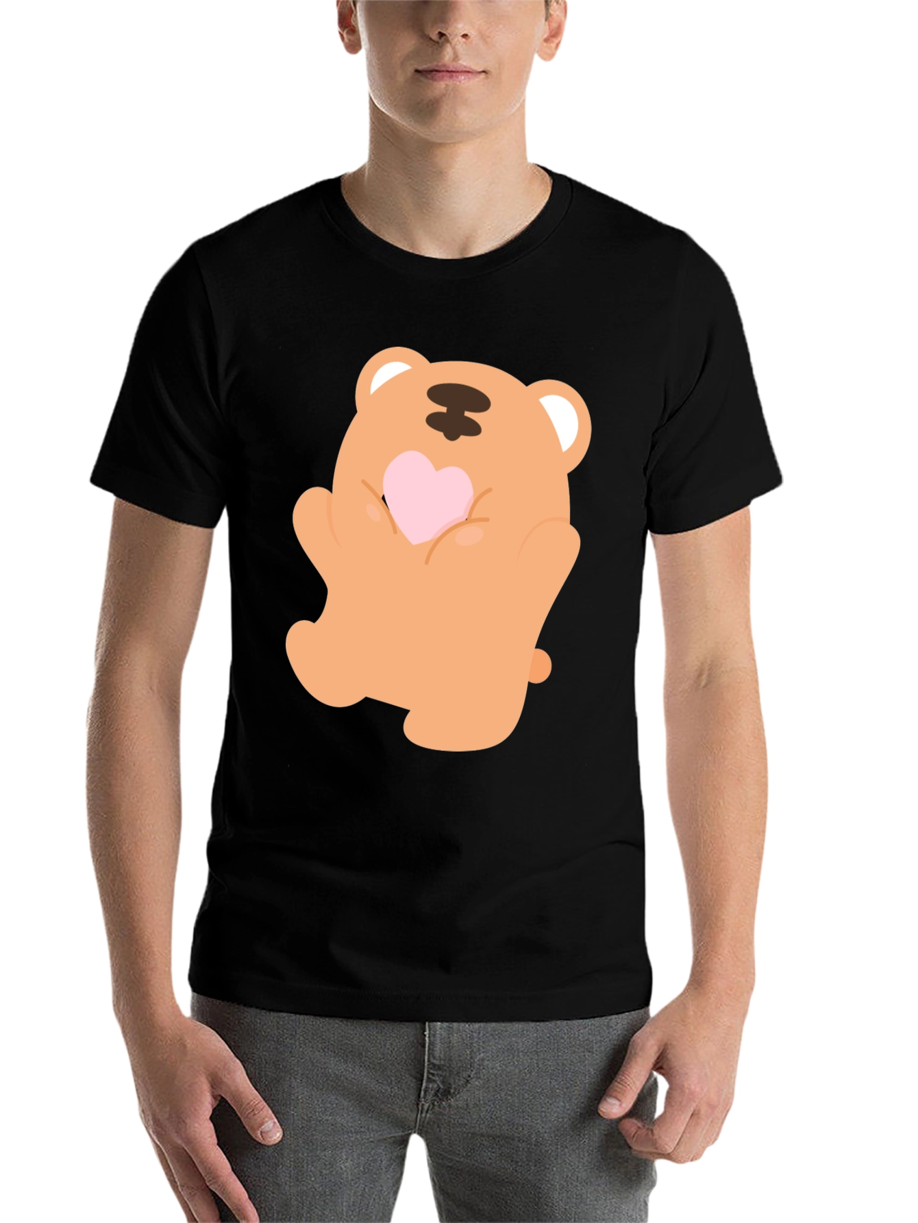 Black Cute Bear Holding Heart Graphic Tee view 7