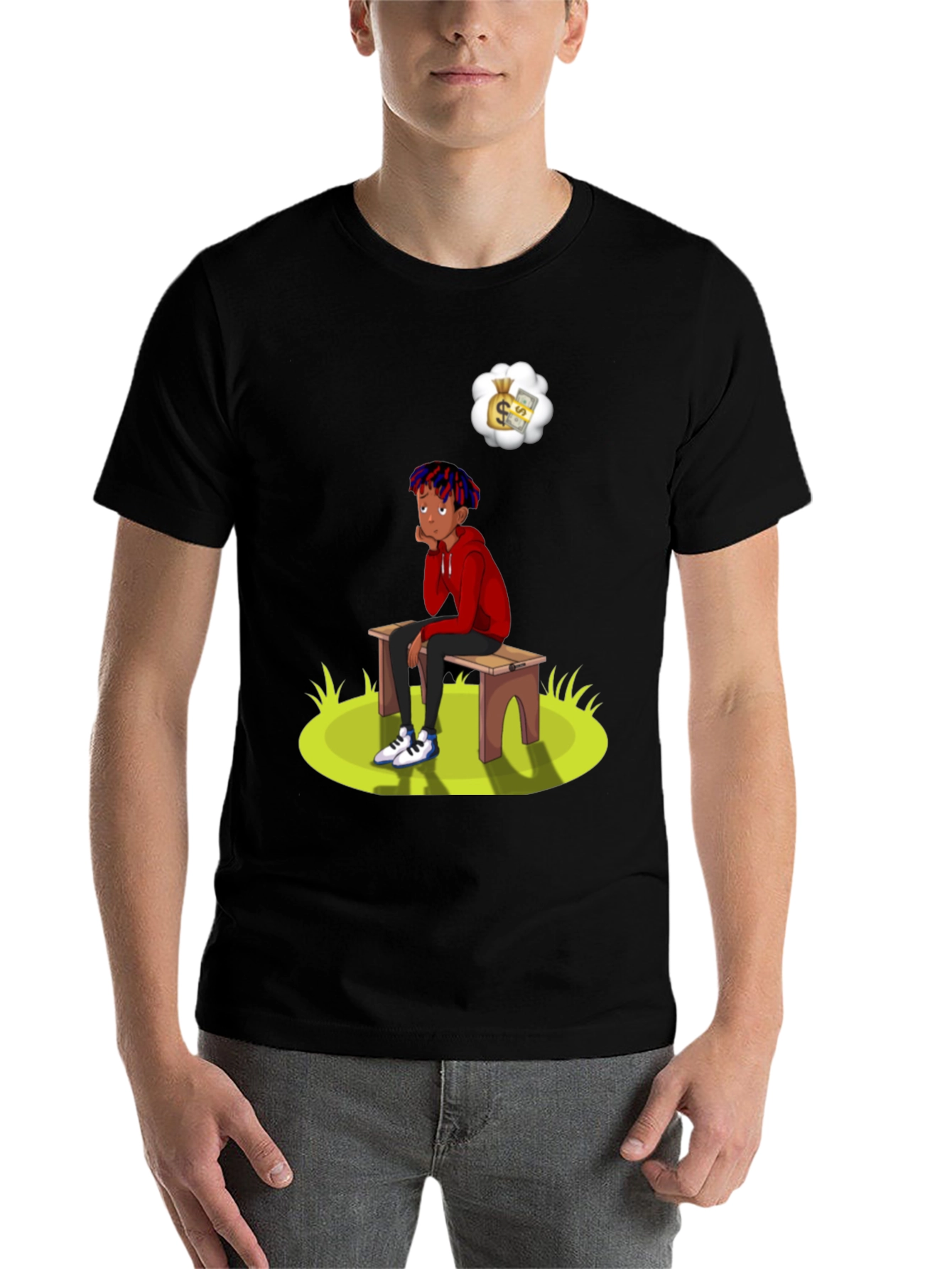 Black Cartoon Graphic Tee -  Boy on Bench Dreaming of Money view 7
