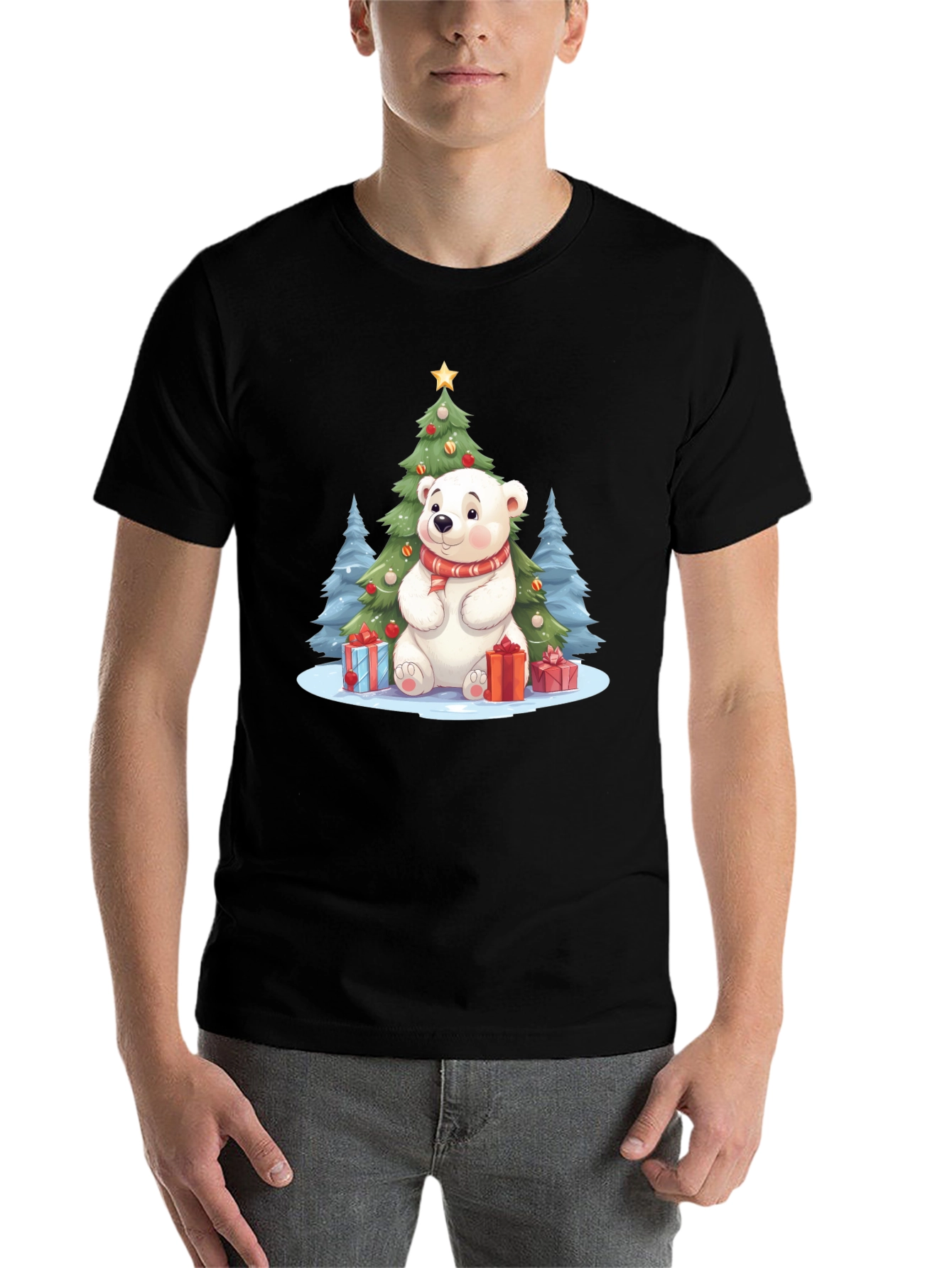 Black Festive Polar Bear Christmas T-Shirt view 7