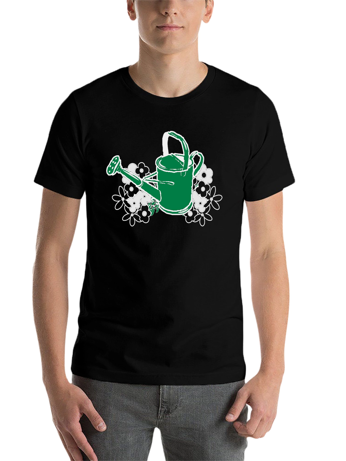 Black Gardening Watering Can T-Shirt - Floral Design view 7