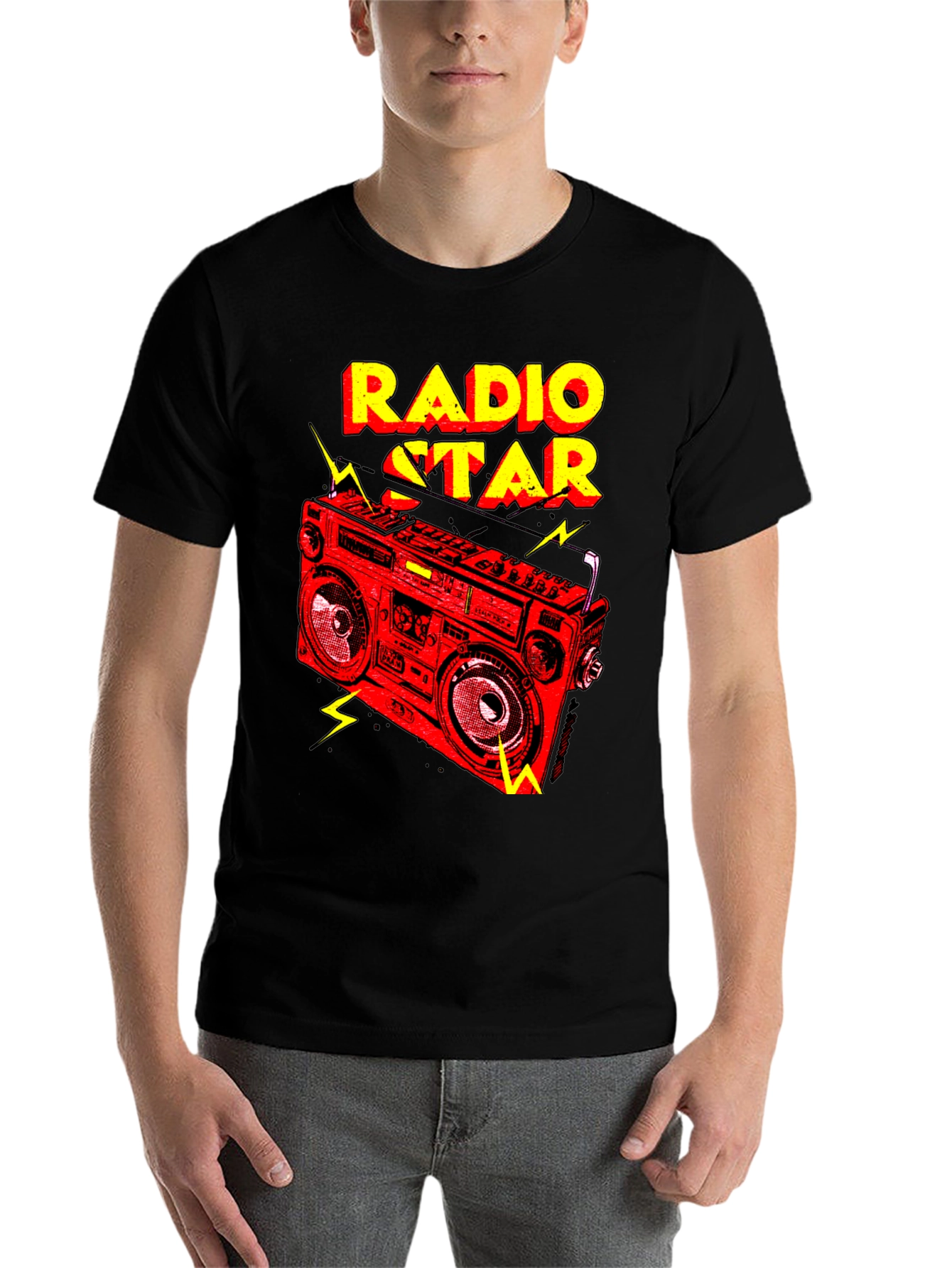 Black Radio Star Graphic Tee - Retro Boombox Design view 7
