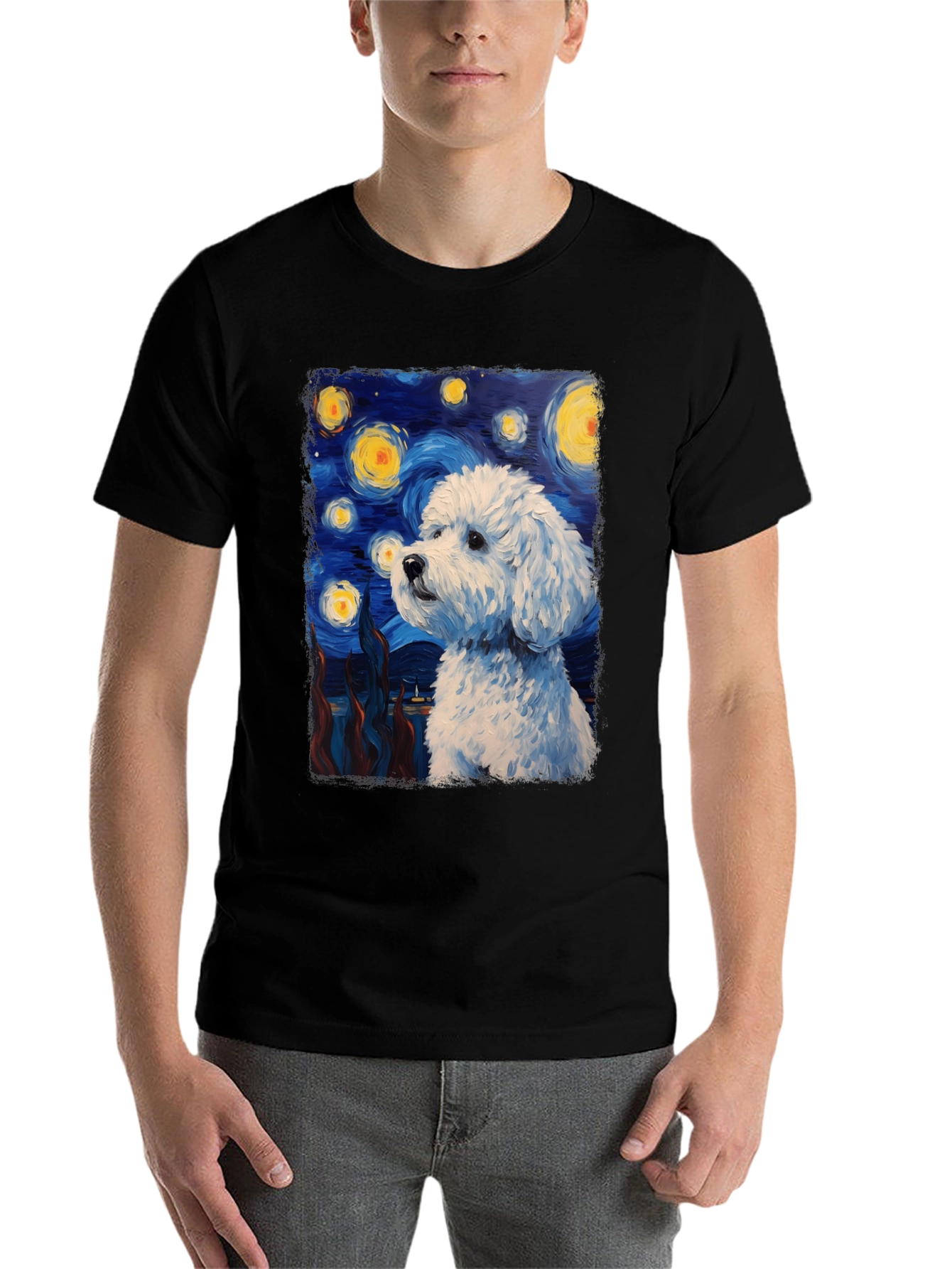 Black Starry Dog Art T-Shirt view 7