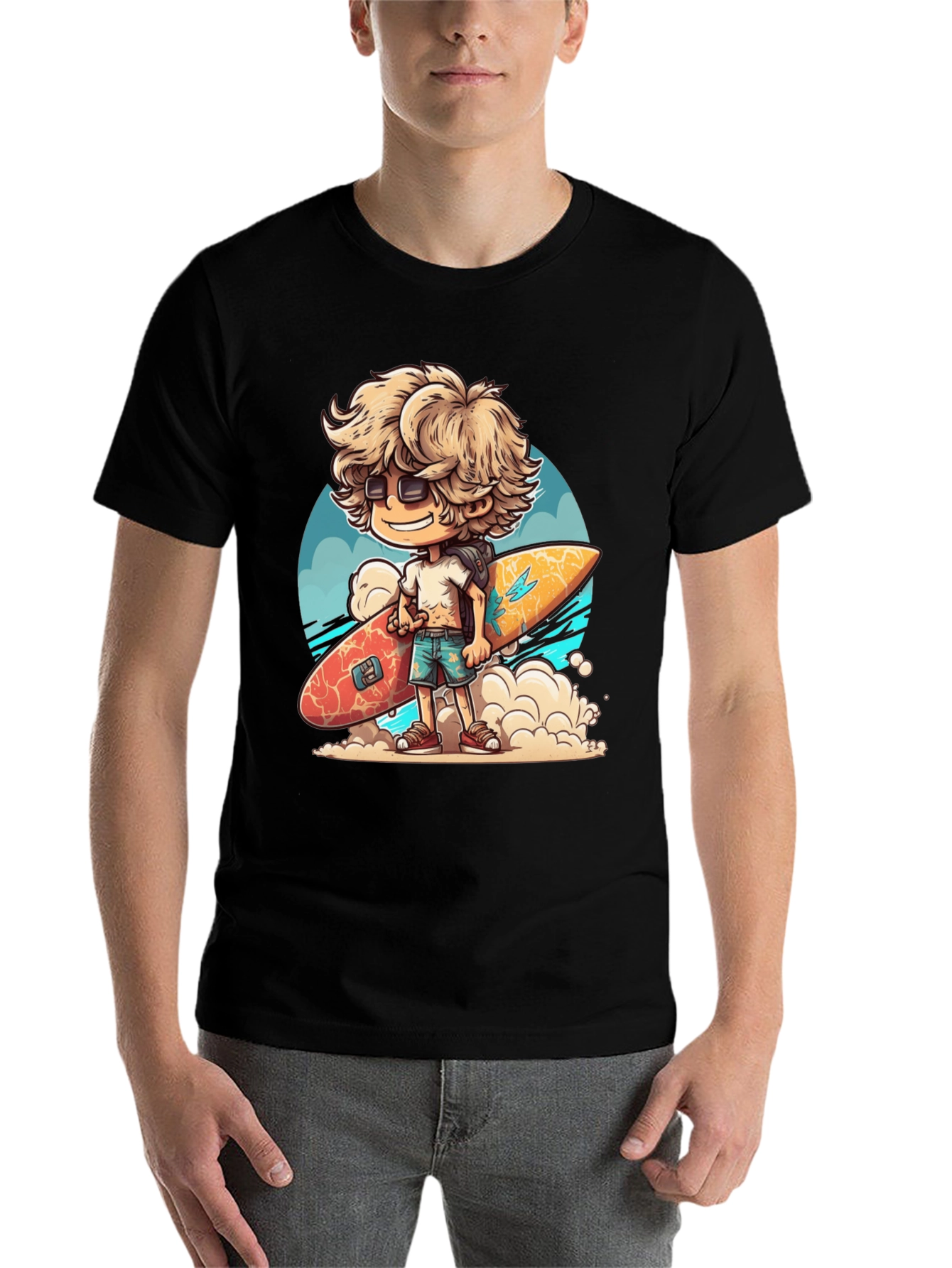 Black Surfer Dude Cartoon Graphic T-Shirt view 7