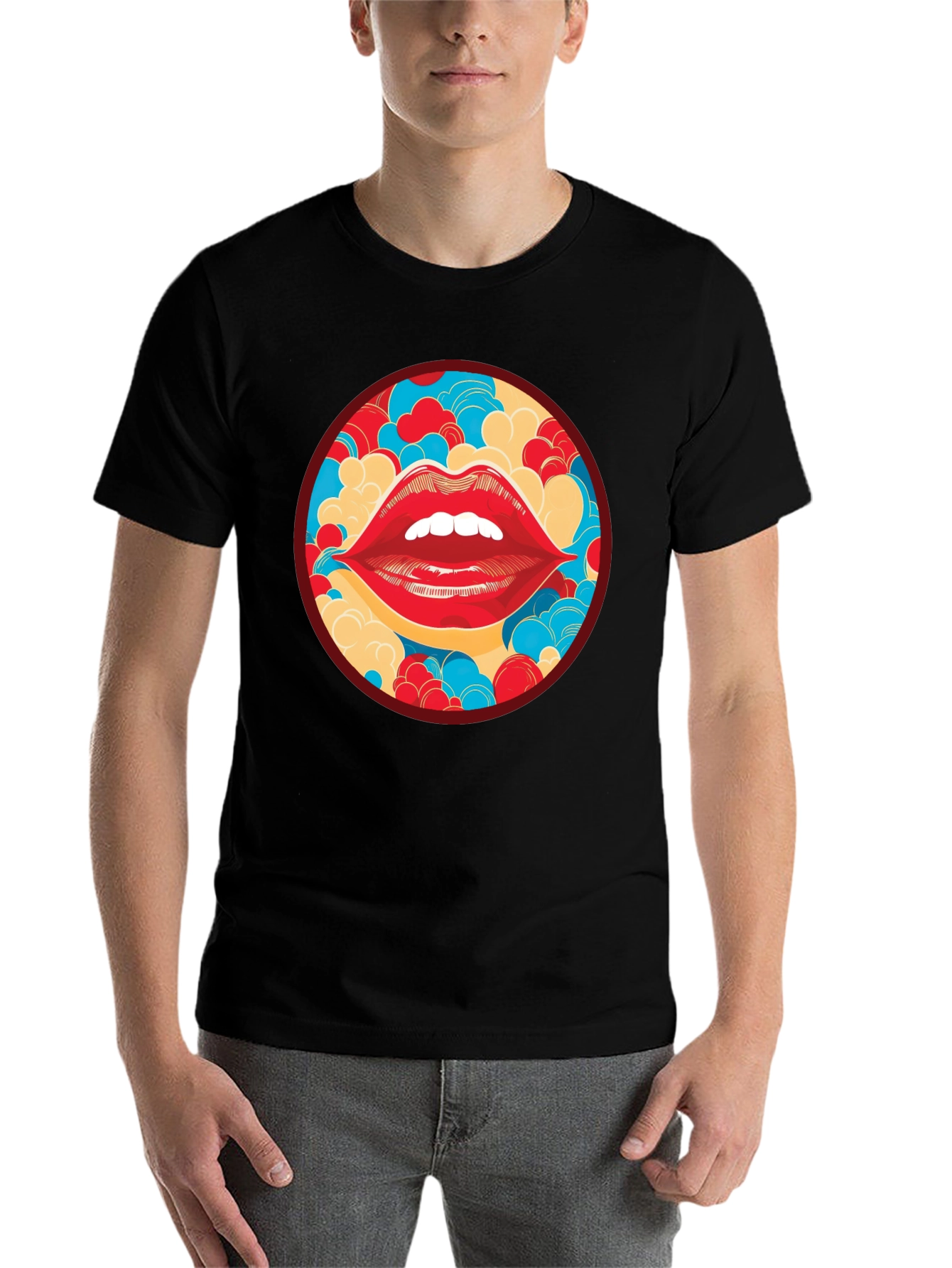 Black Red Lips Graphic Print Crew Neck T-Shirt view 7