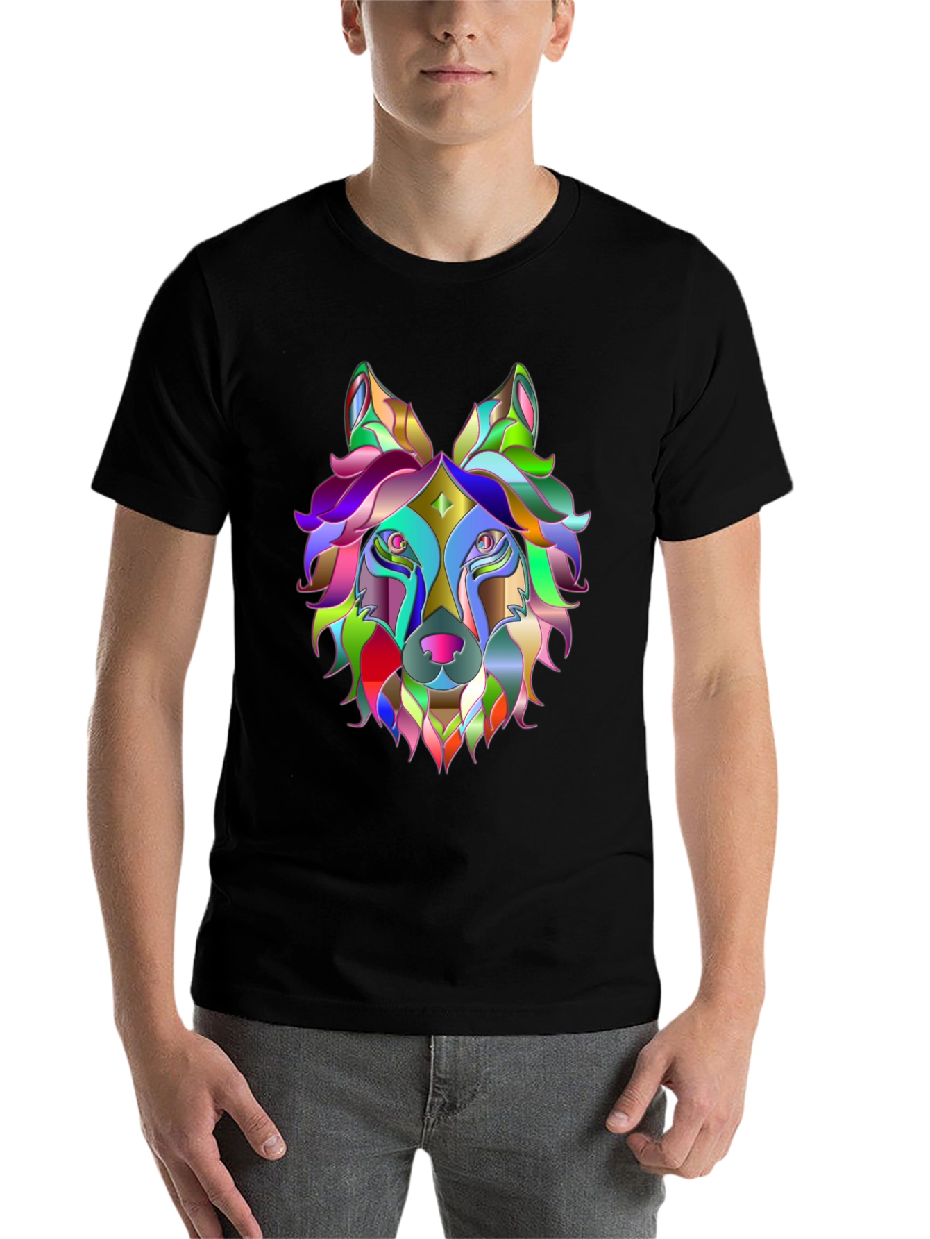Black Colorful Geometric Wolf Graphic Tee - Unique Design view 7