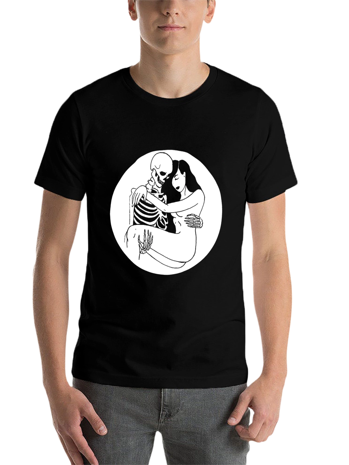 Black Embrace the Afterlife: Skeleton & Woman Graphic Tee view 7