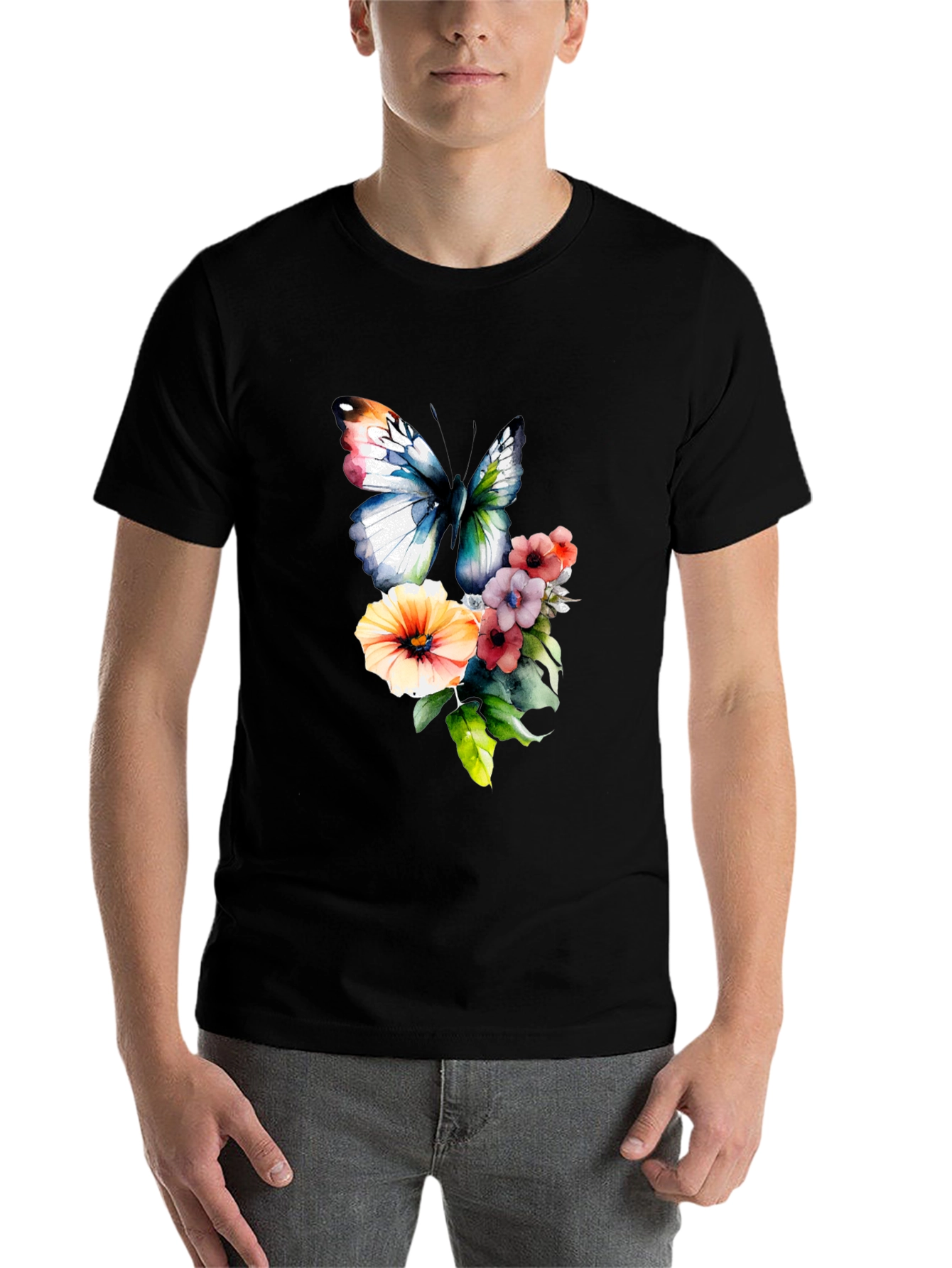 Black Butterfly & Floral Print T-Shirt view 7