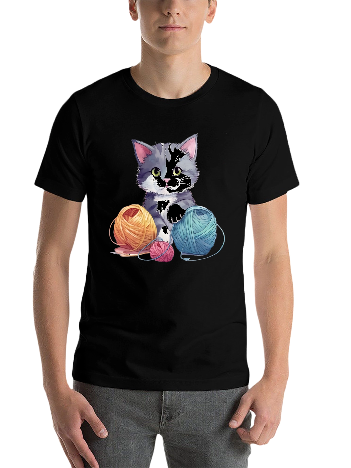 Black Cute Kitten with Yarn Balls Graphic Tee view 7