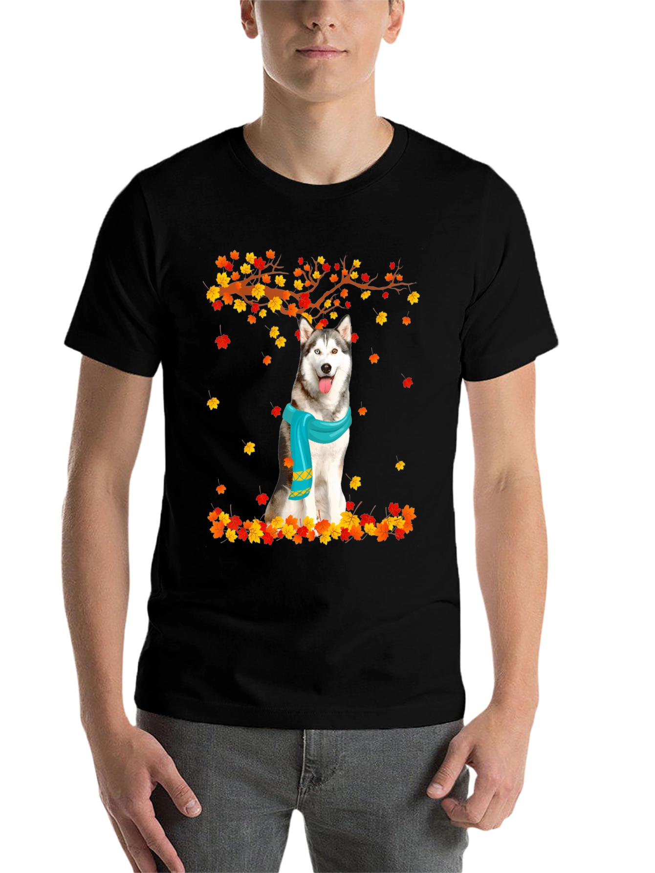 Black Husky Autumn Leaves Graphic T-Shirt view 7