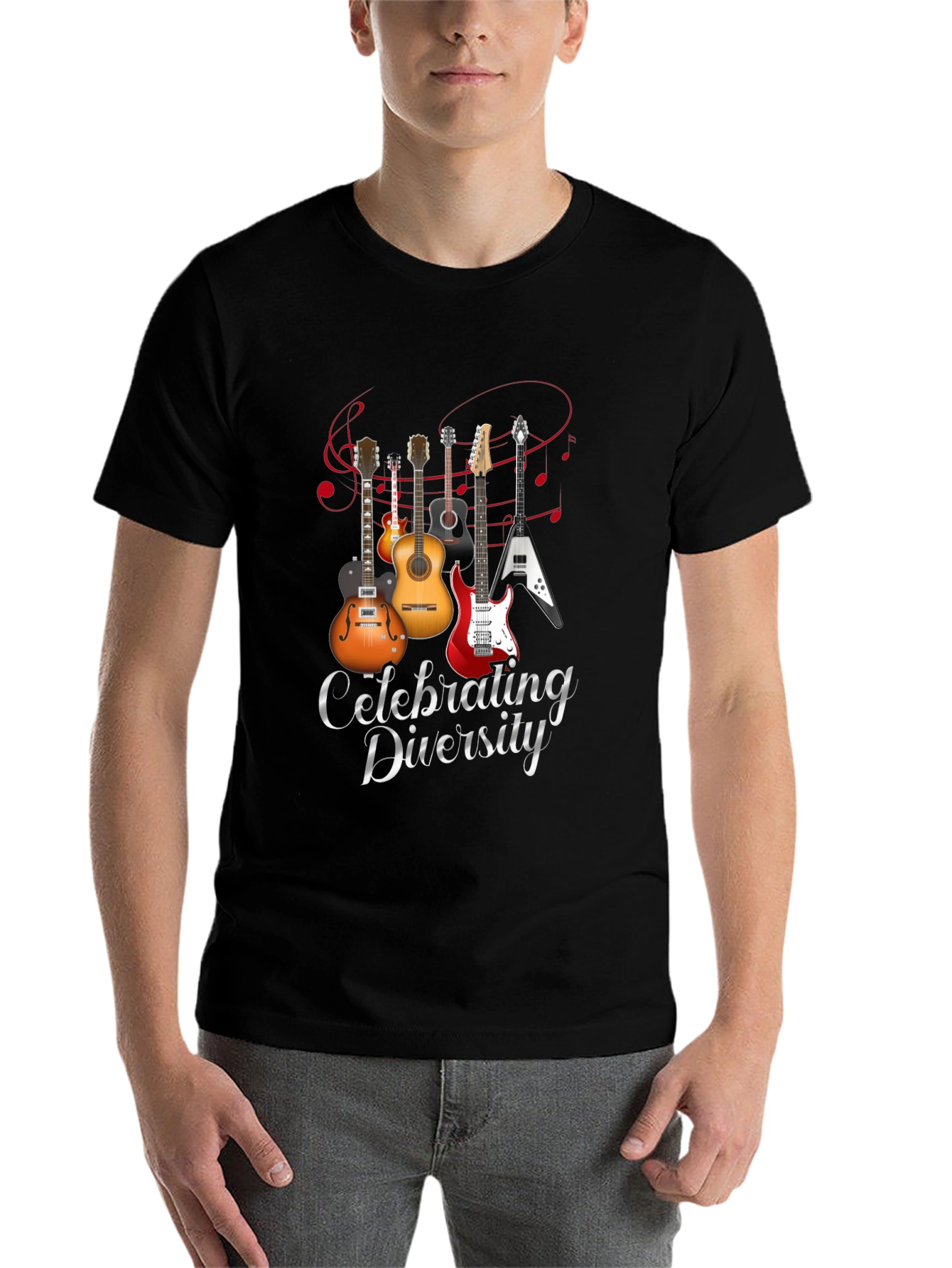 Black Celebrating Diversity Guitar Graphic T-Shirt view 7