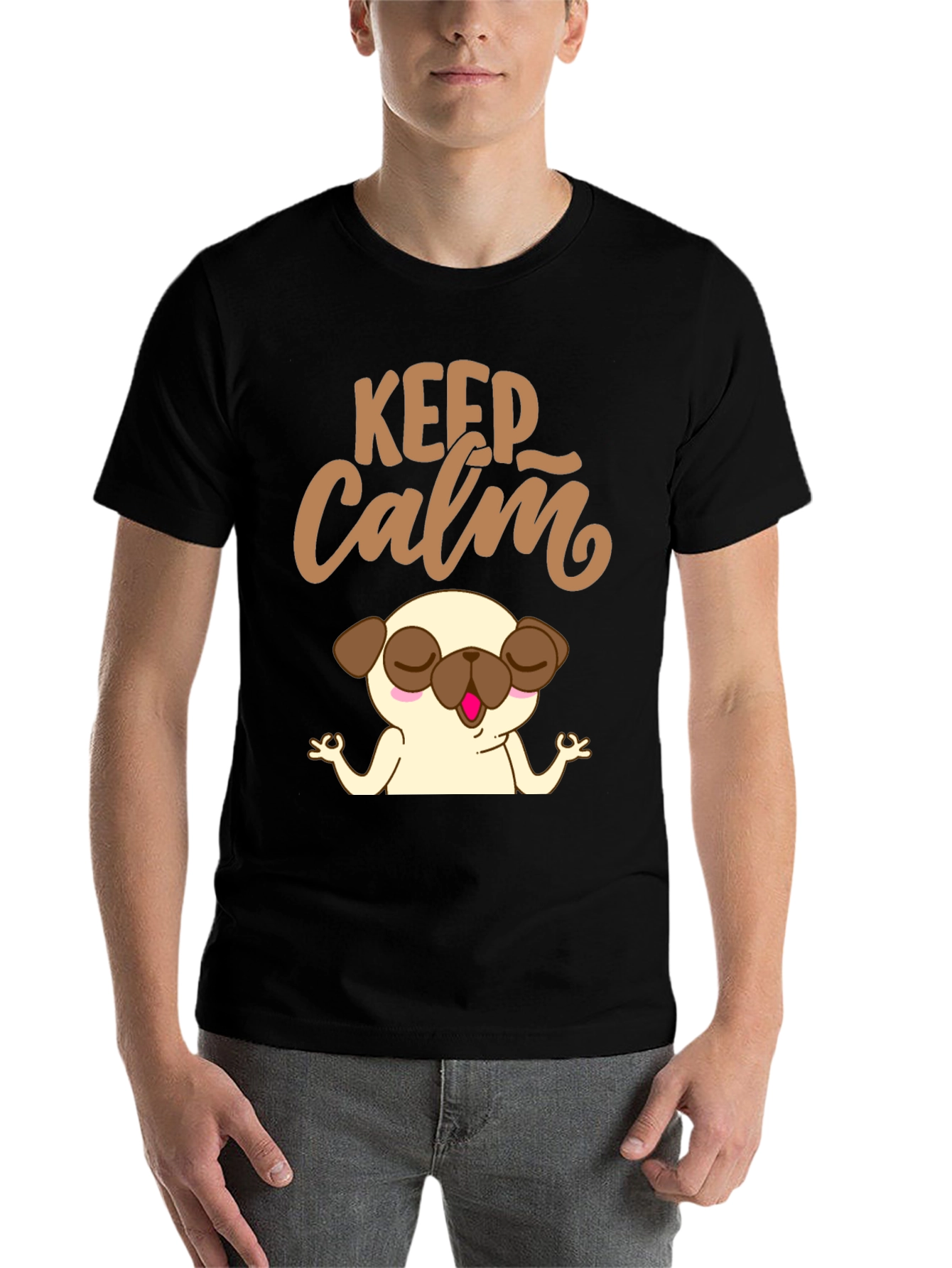 Black Keep Calm Pug Yoga T-Shirt - Relax & Meditate! view 7