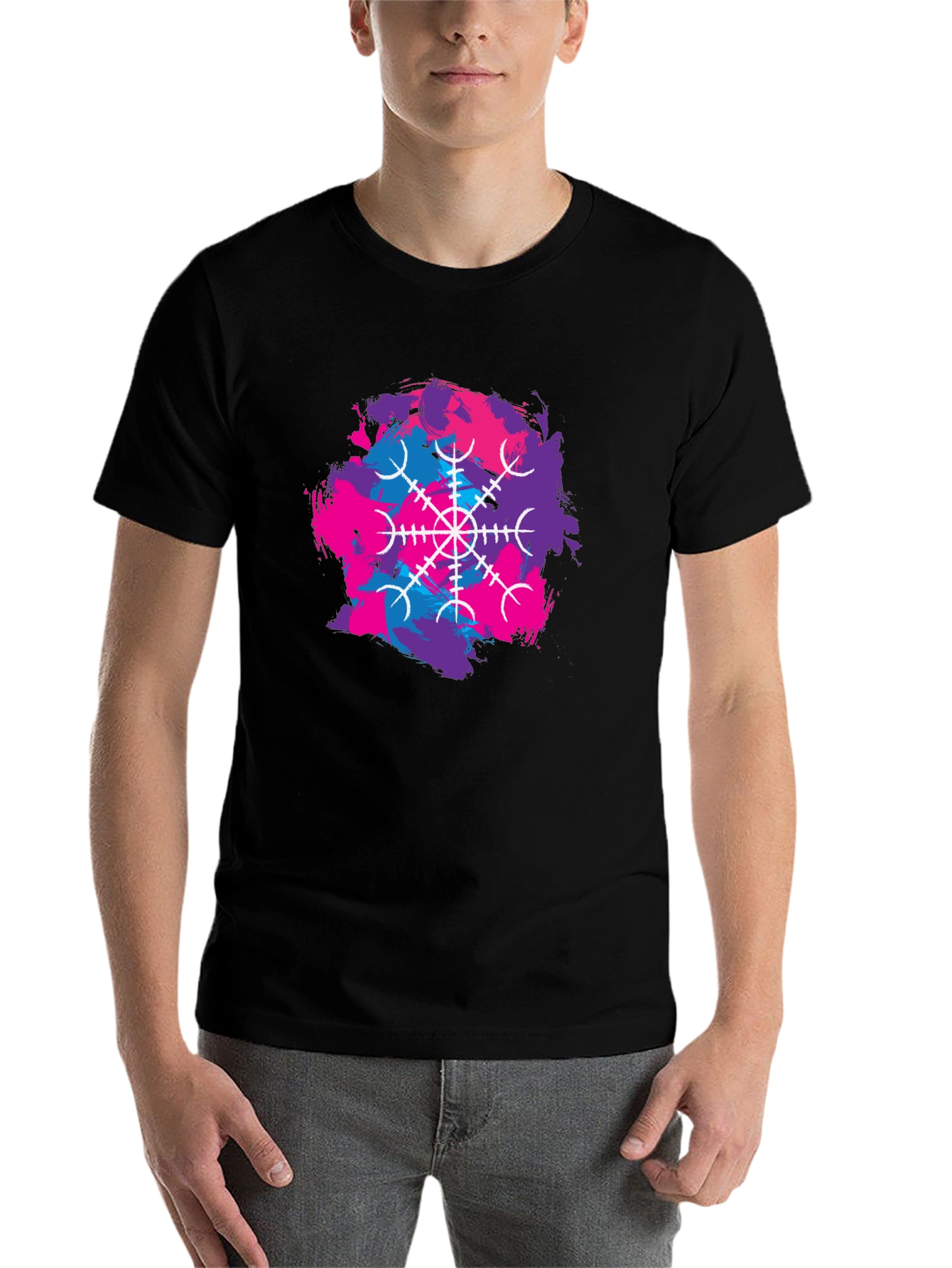 Black Black T-Shirt with Abstract Vegvisir Design view 7