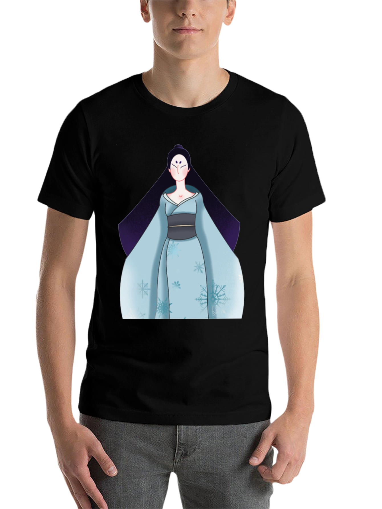 Black Black T-Shirt with Anime Winter Kimono Design view 7