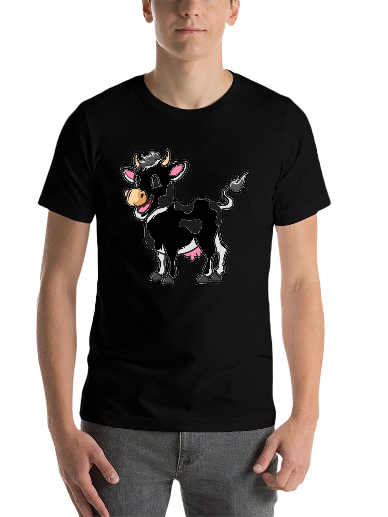 Black Funny Cartoon Cow Graphic Print T-Shirt view 7