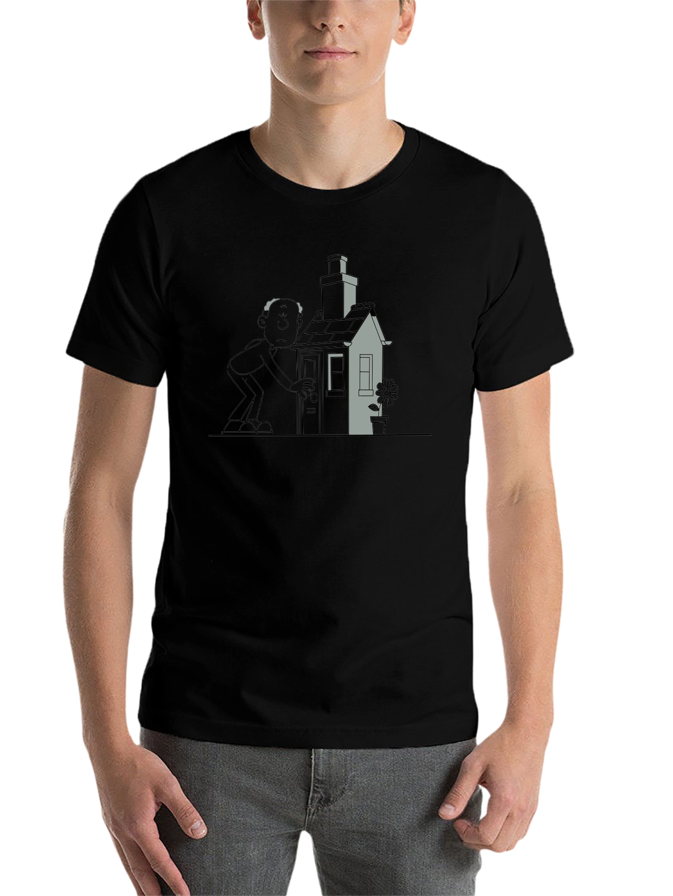 Black Cartoon House & Man Black T-Shirt view 7