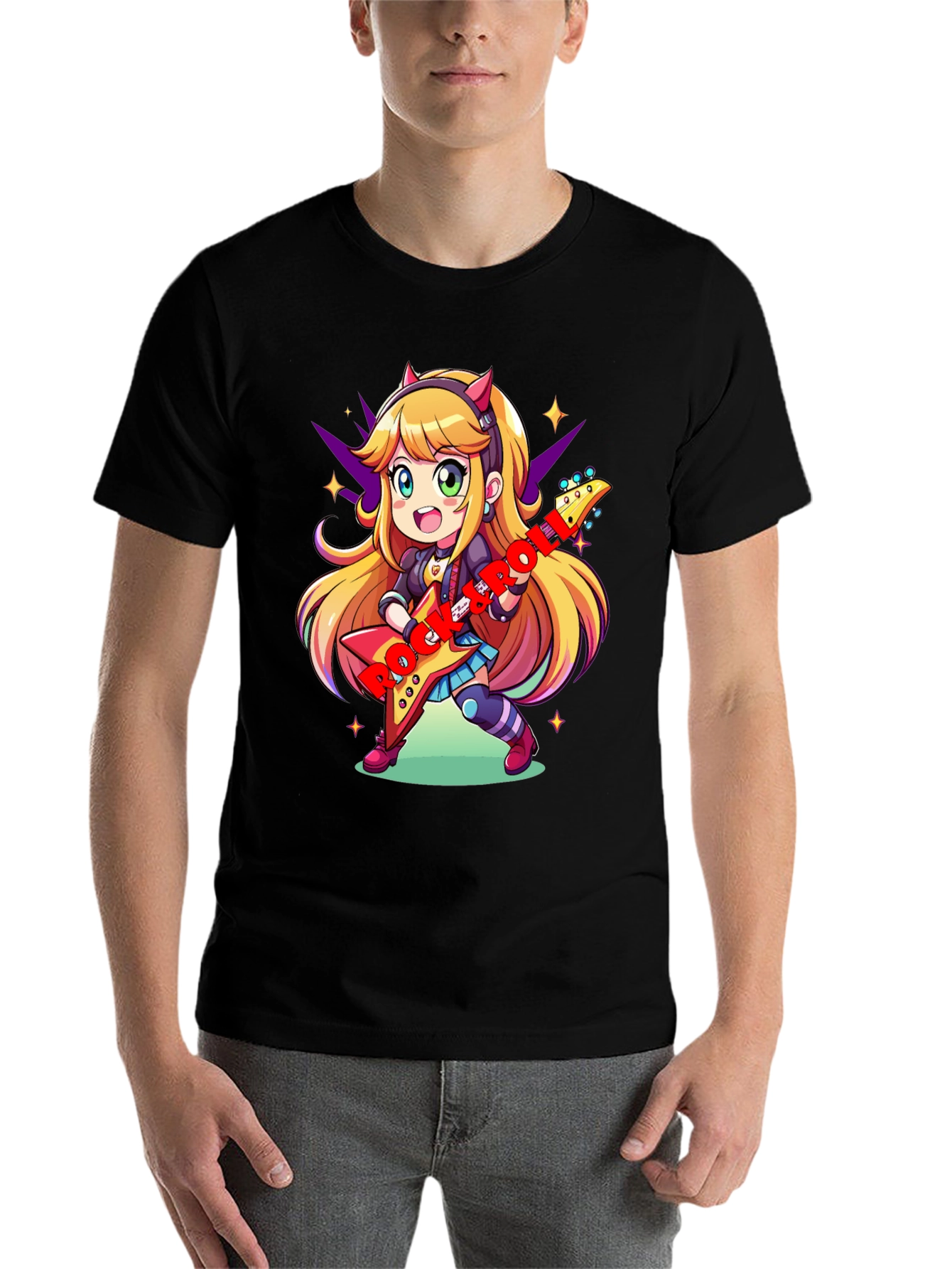 Black Anime Girl Guitarist Black T-Shirt view 7