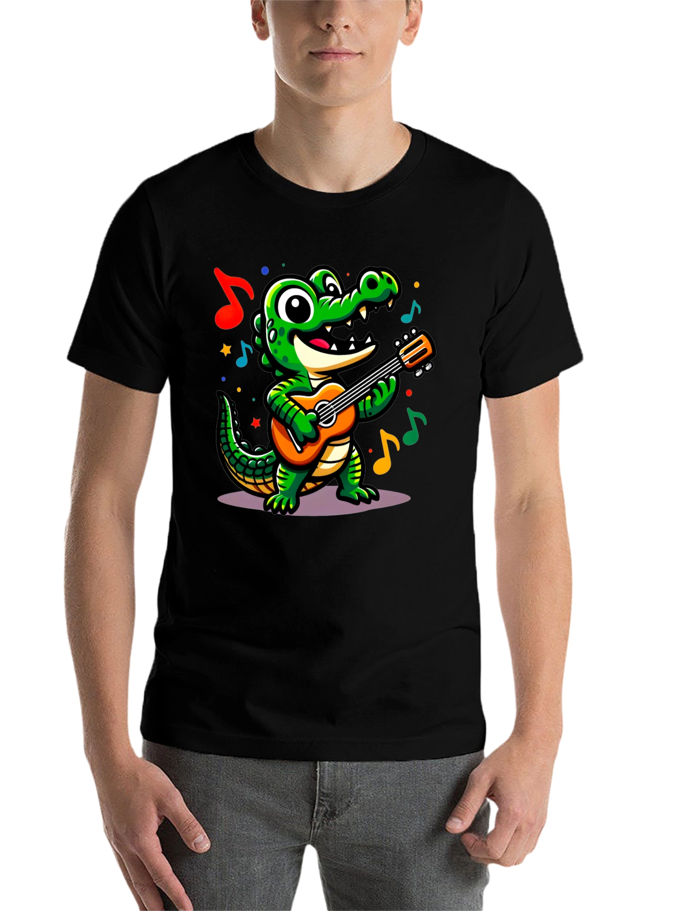 Black Cartoon Alligator Guitar T-Shirt view 7