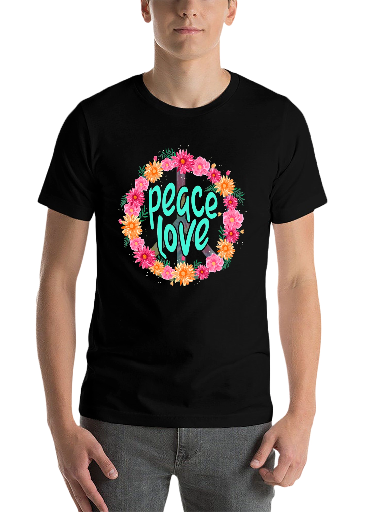 Black Peace Love Floral Wreath Graphic T-Shirt view 7