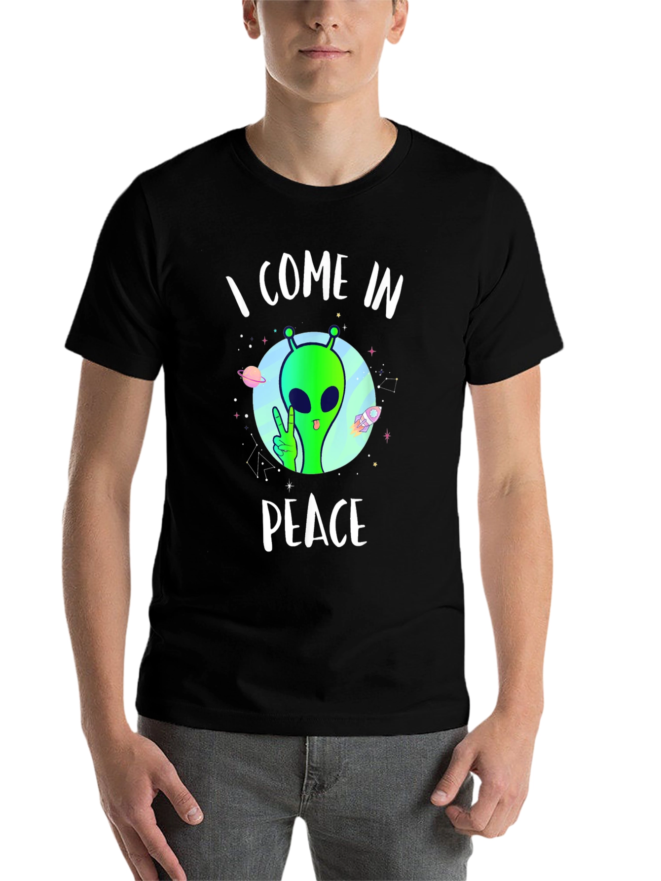 Black I Come In Peace Alien T-Shirt view 7
