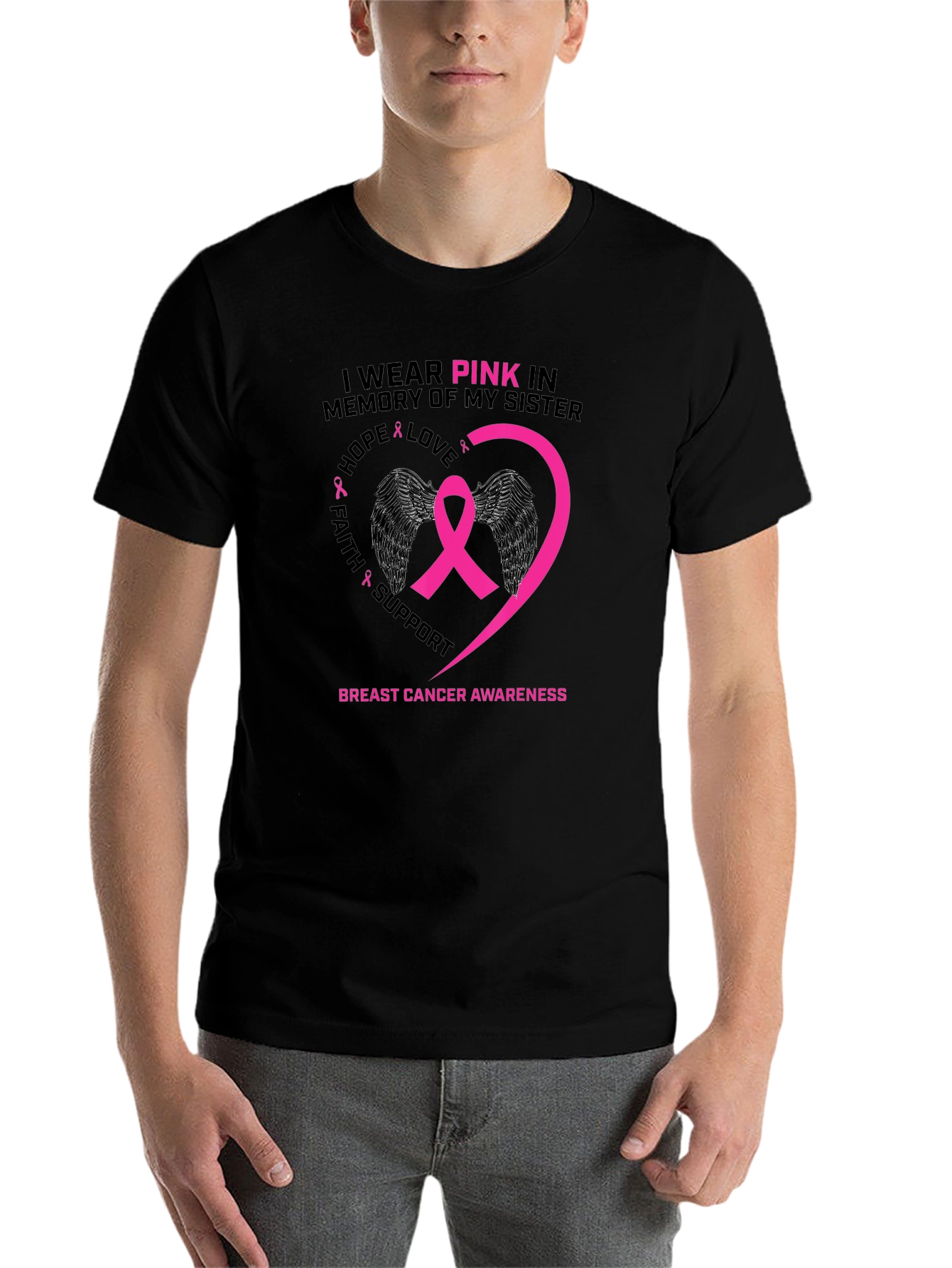 Black Pink Ribbon Breast Cancer Awareness T-Shirt view 7