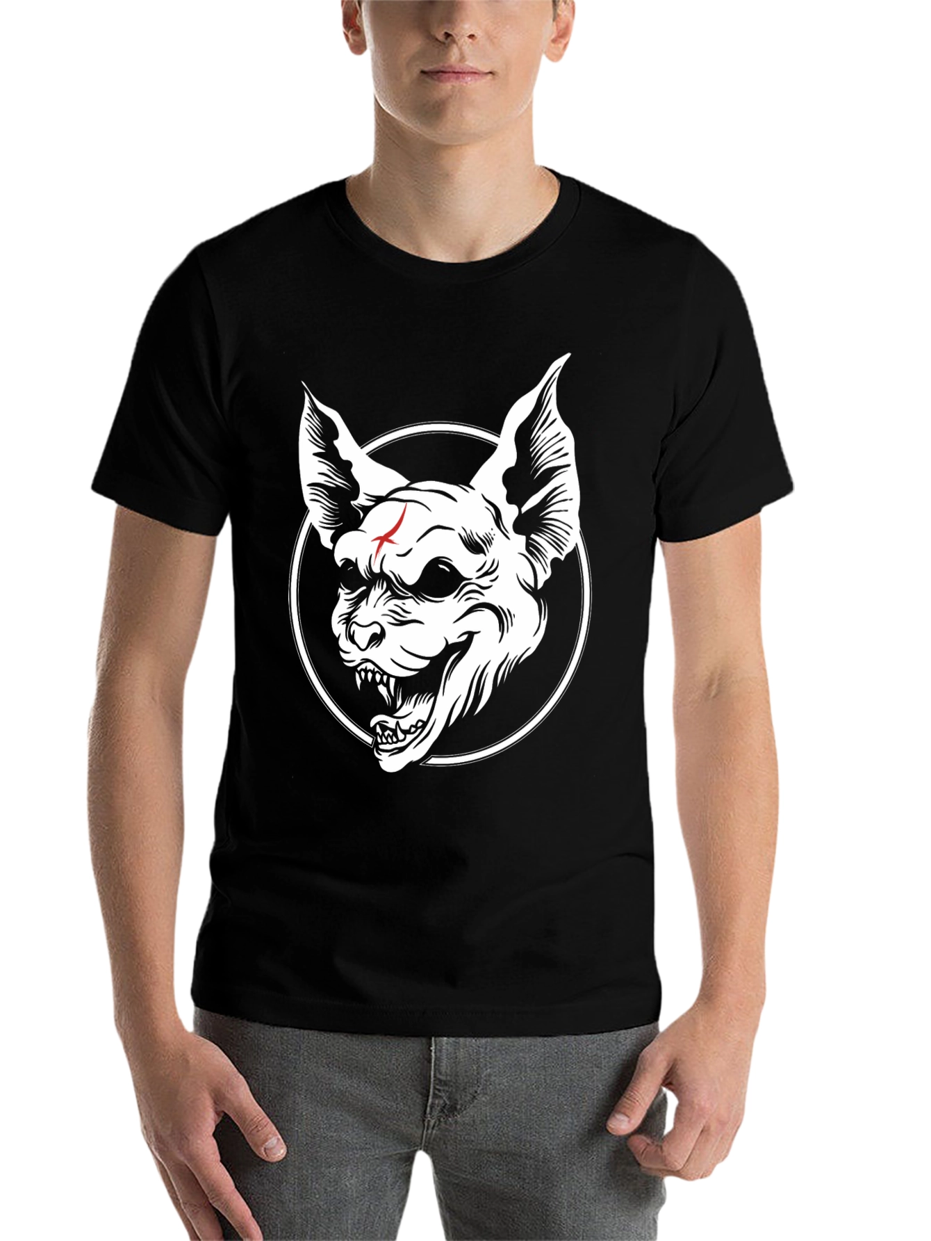 Black Men's Black Graphic Tee - Scary Dog Design view 7