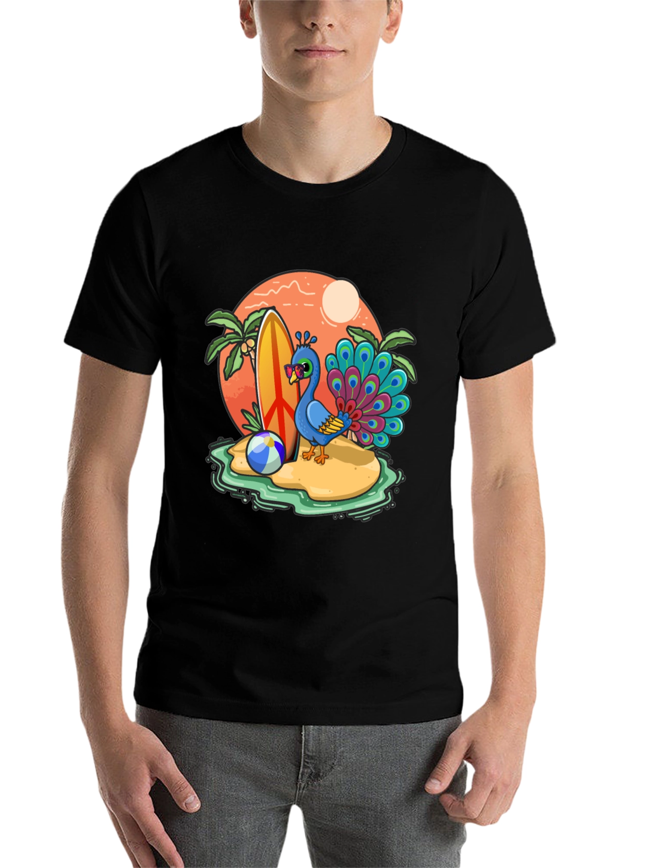 Black Peacock Paradise T-Shirt - Beach Vacation Vibes view 7