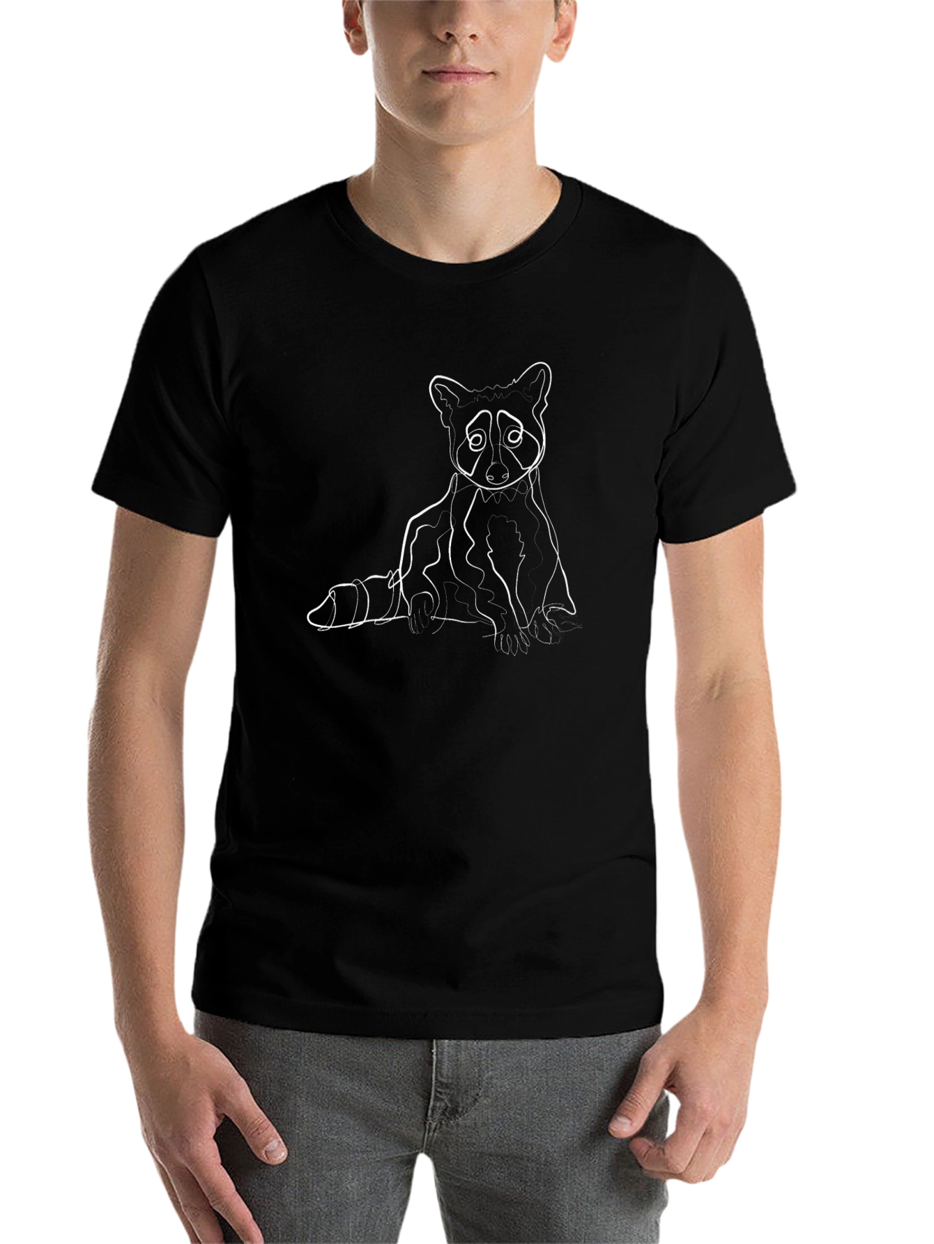 Black Minimalist Raccoon Line Art Black T-Shirt view 7