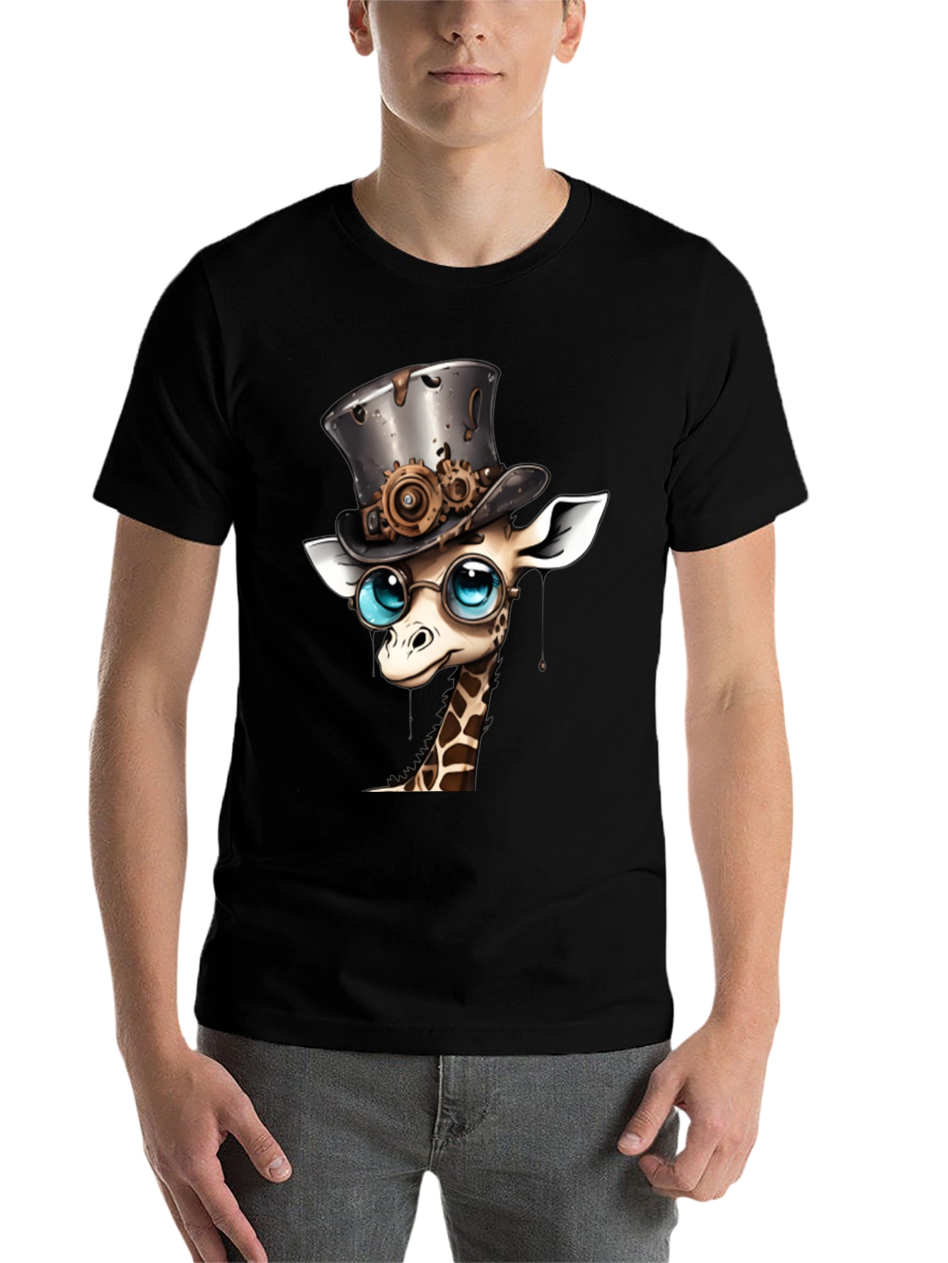 Black Steampunk Giraffe T-Shirt - Whimsical Animal Top view 7
