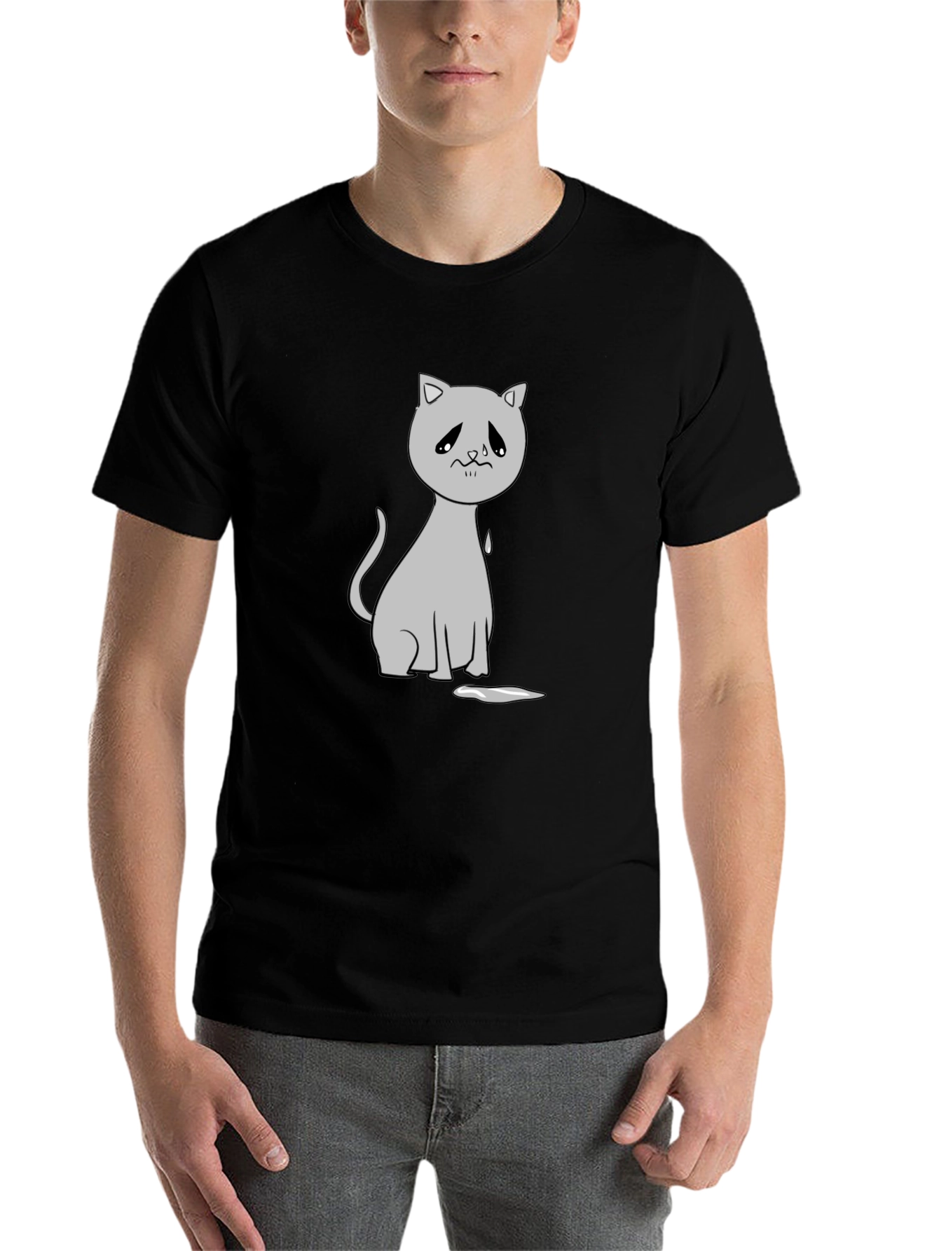 Black Sad Cat Graphic Tee - Unisex Black T-Shirt view 7