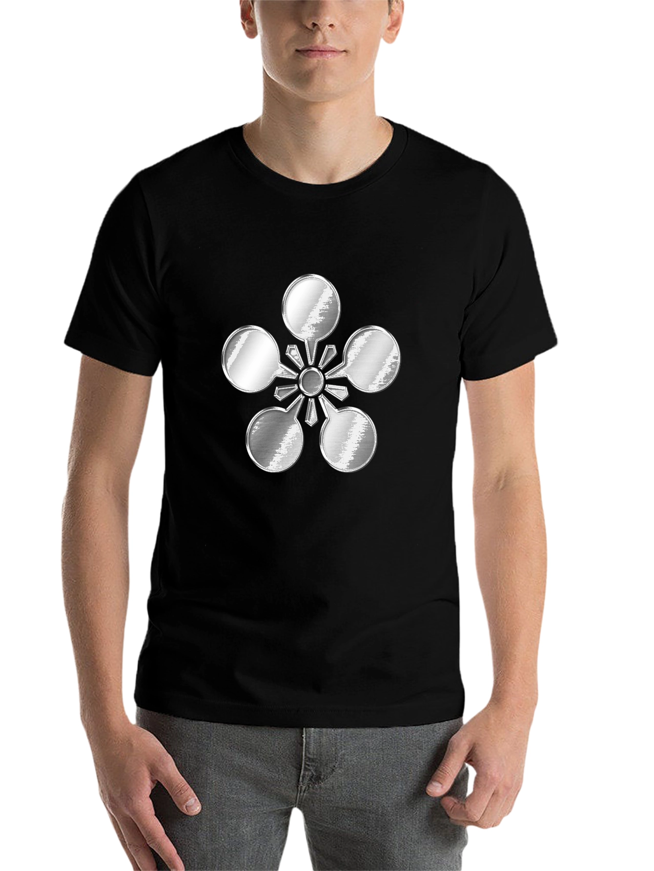 Black Abstract Metal Flower Design Black T-Shirt view 7