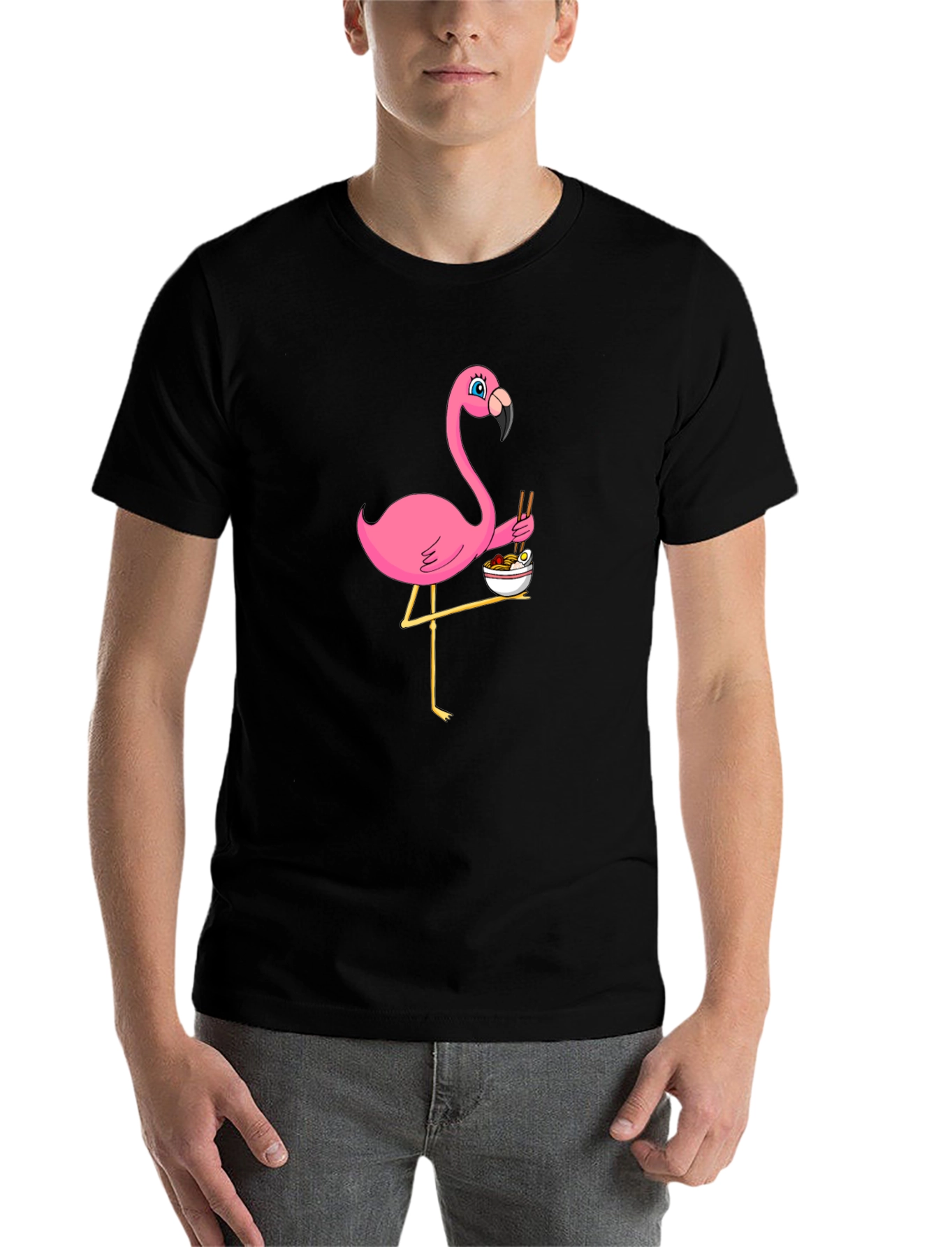 Black Flamingo Ramen Black T-Shirt - Whimsical Graphic Tee view 7