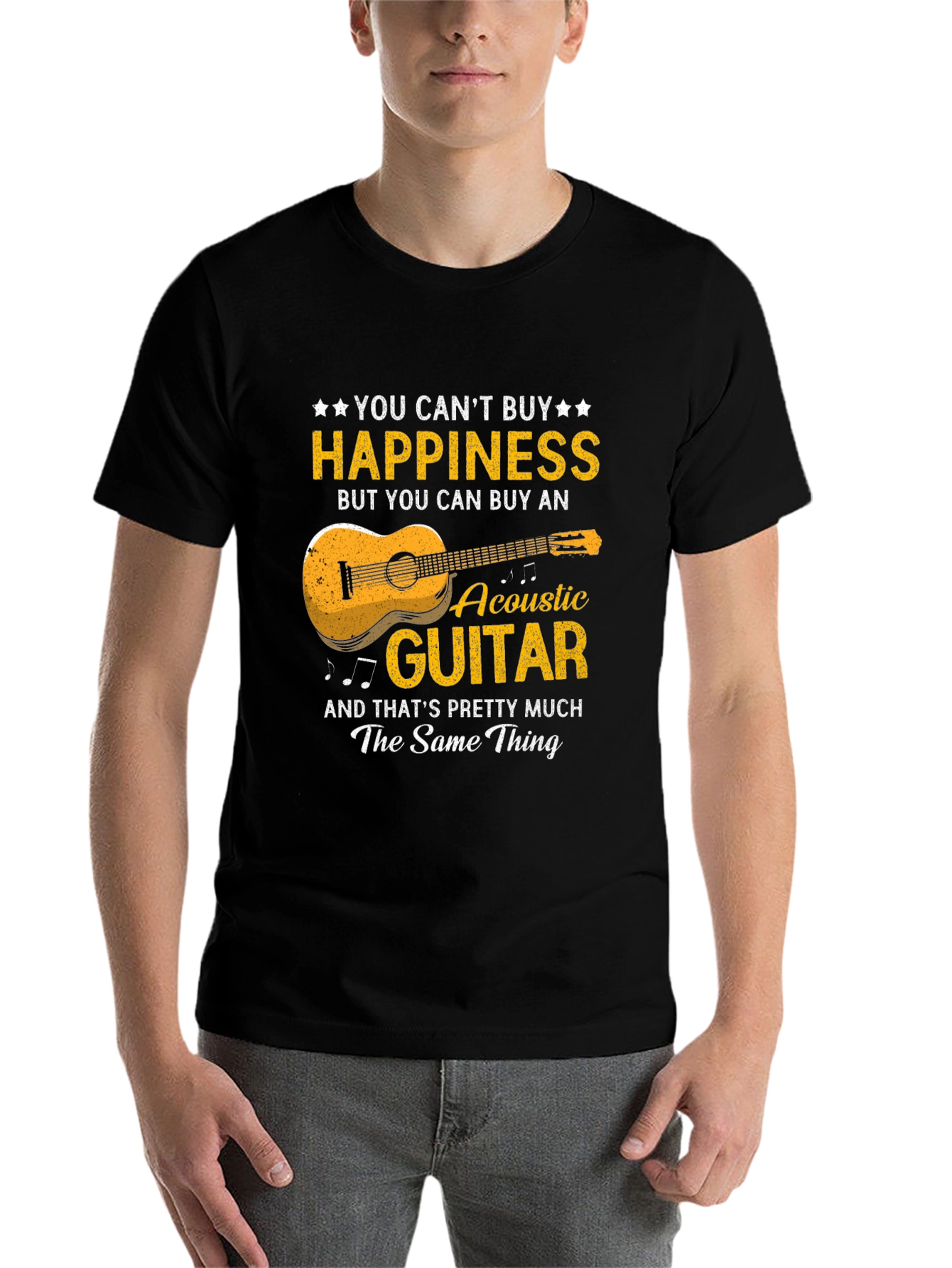 Black Acoustic Guitar Happiness T-Shirt - Music Lover Gift view 7