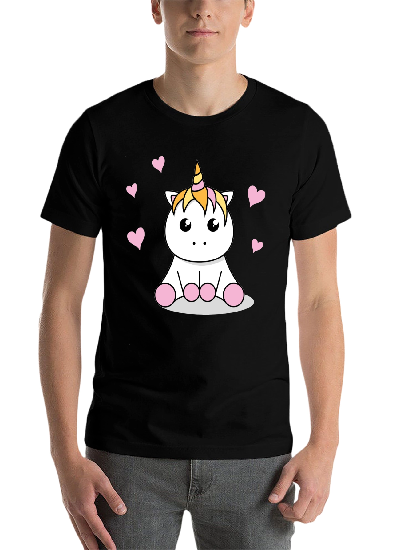 Black Cute Cartoon Unicorn T-Shirt - Black Cotton Tee view 7