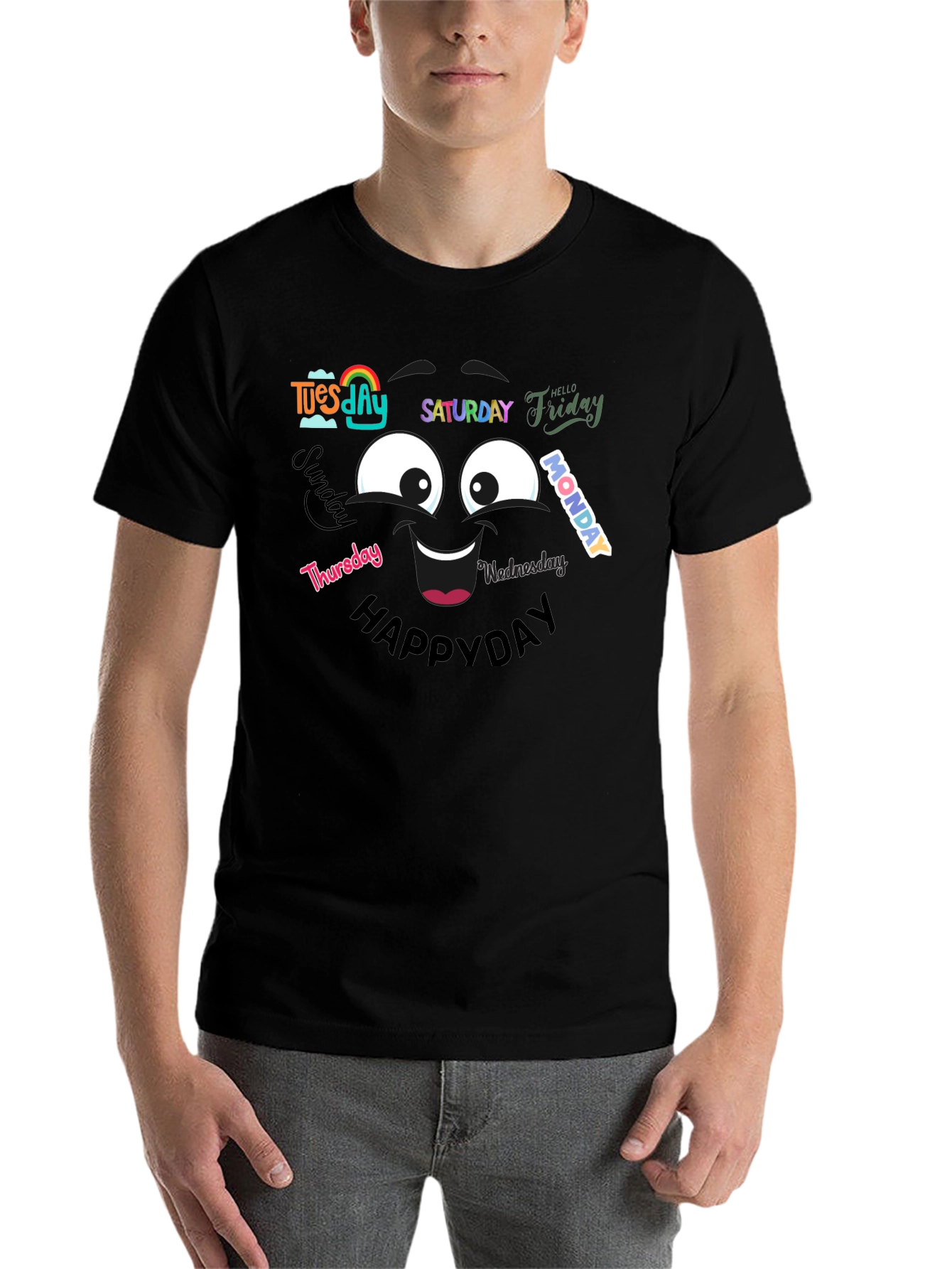 Black Happy Days of the Week T-Shirt - Black Cotton Tee view 7