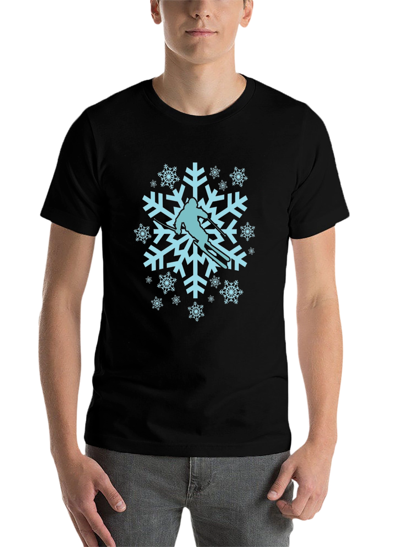 Black Snowflake Skier Graphic Tee - Winter Sport Shirt view 7