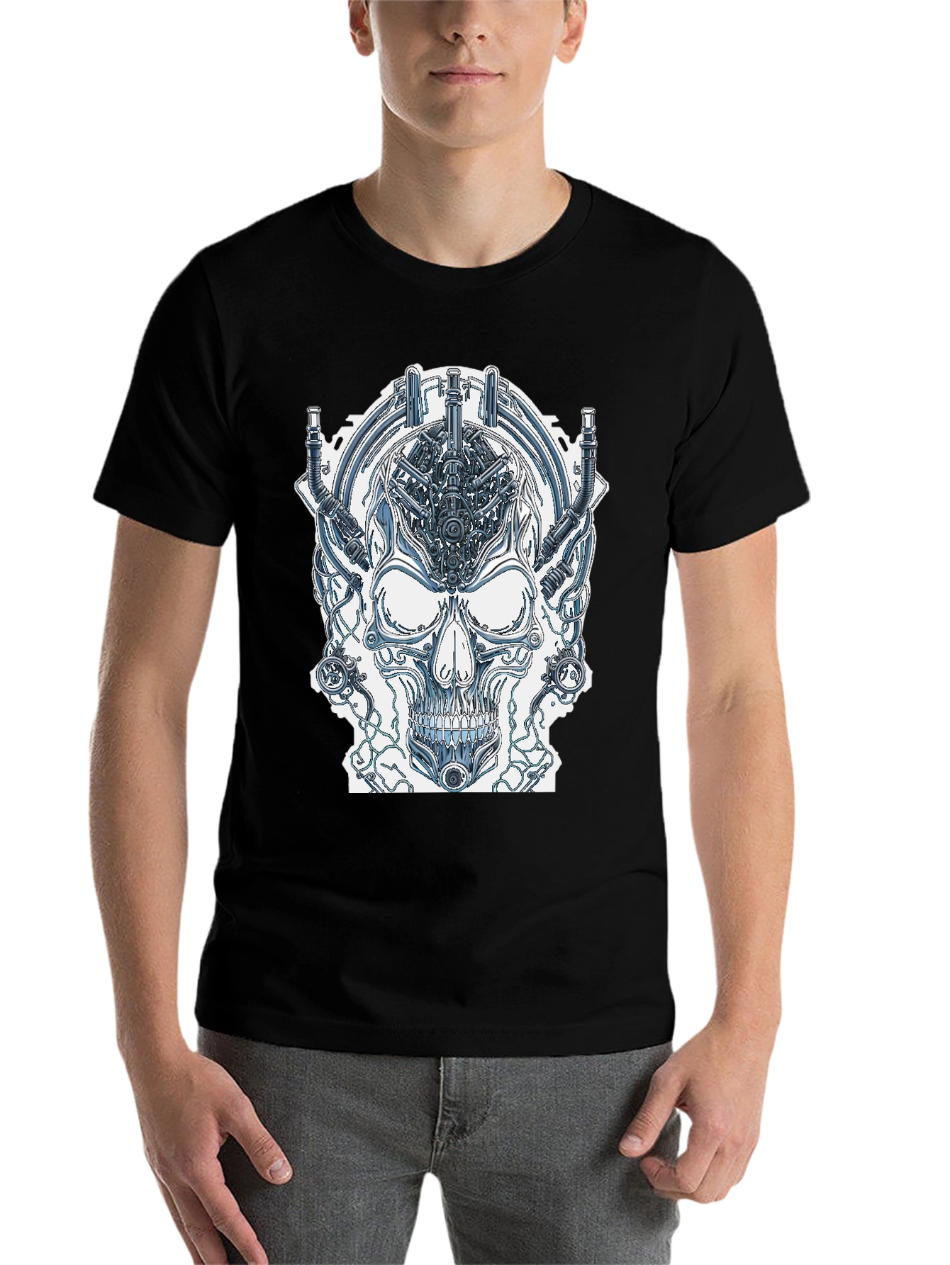 Black Cyberpunk Skull Graphic Tee - Edgy Sci-Fi Design view 7