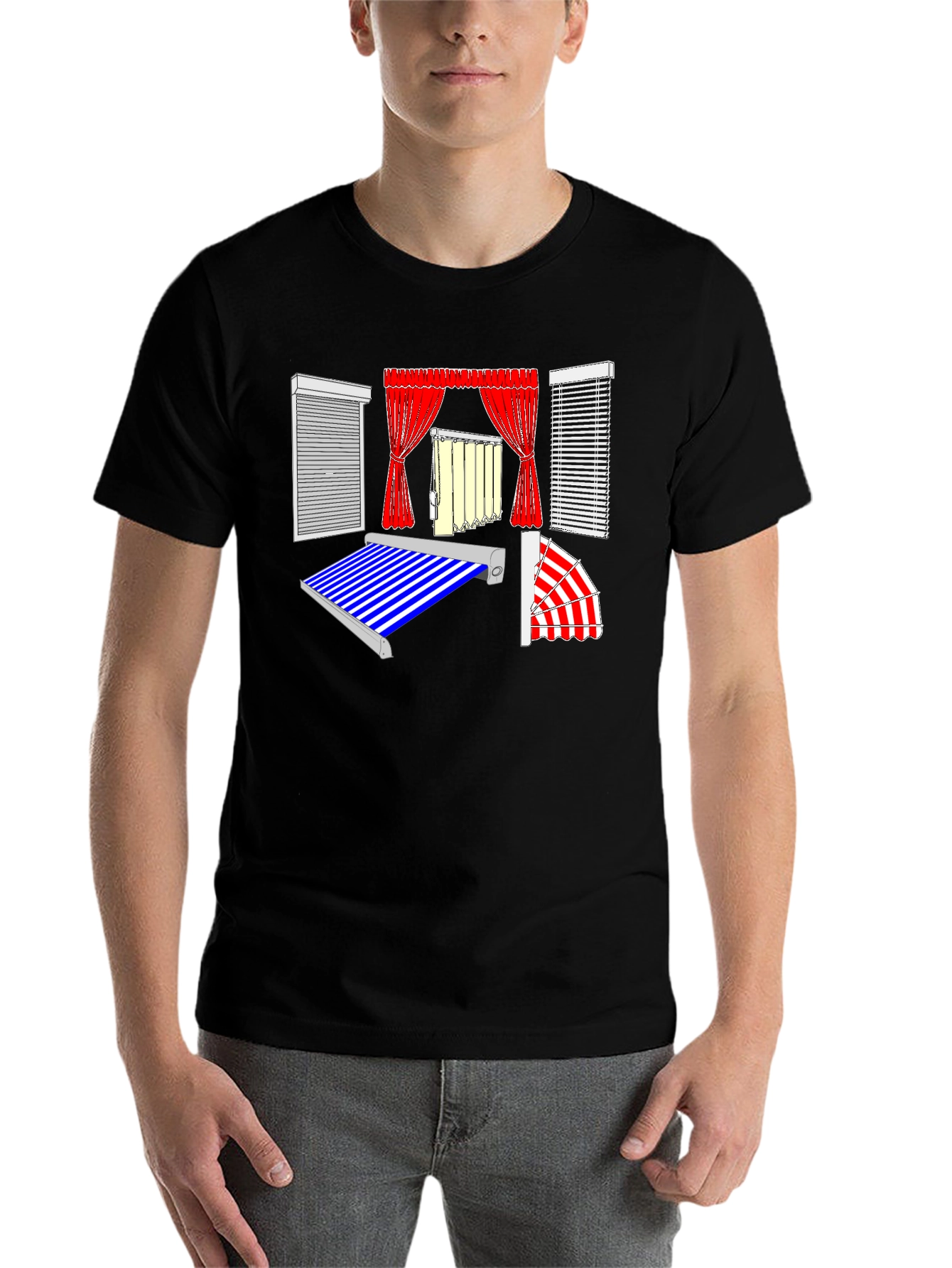 Black Men's Black Graphic T-Shirt - Blinds and Awnings Design view 7
