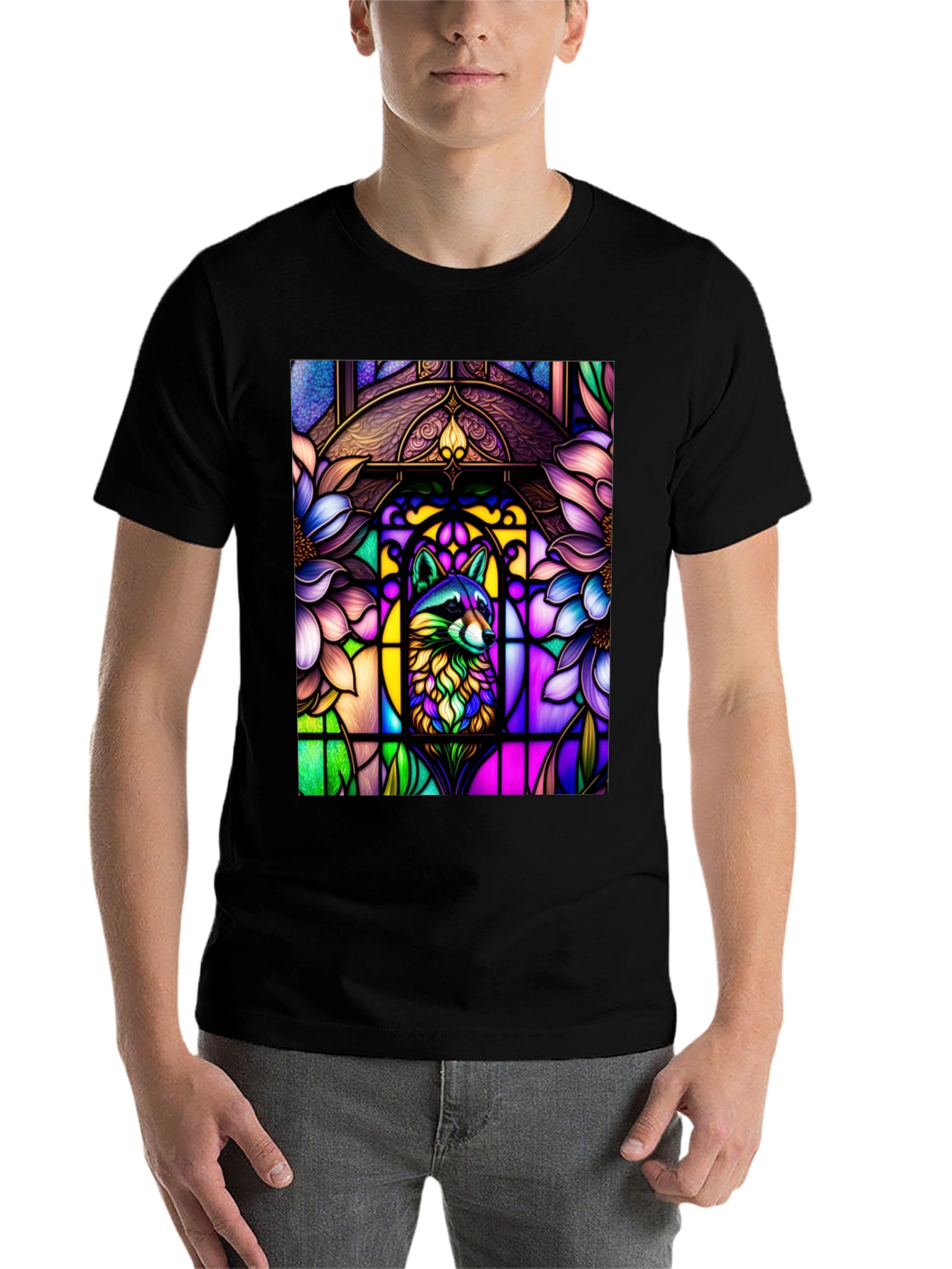 Black Stained Glass Raccoon Black T-Shirt view 7