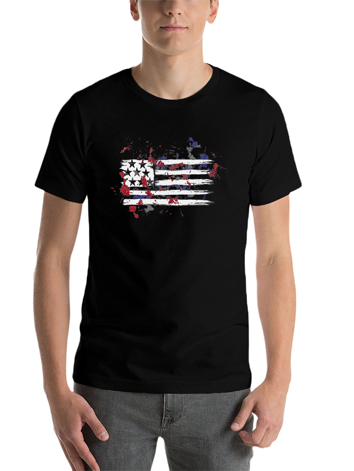 Black USA Flag Graphic Print Men's Black T-Shirt view 7