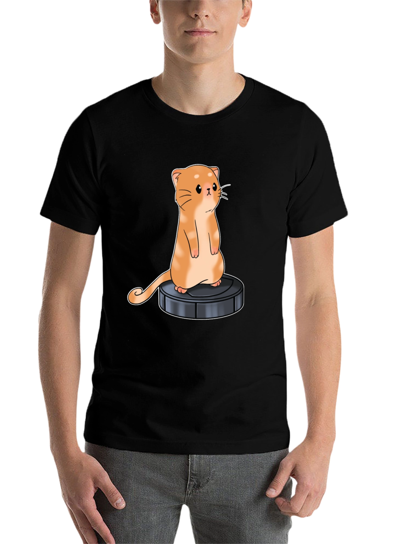Black Cat on Robot Vacuum Graphic Tee view 7