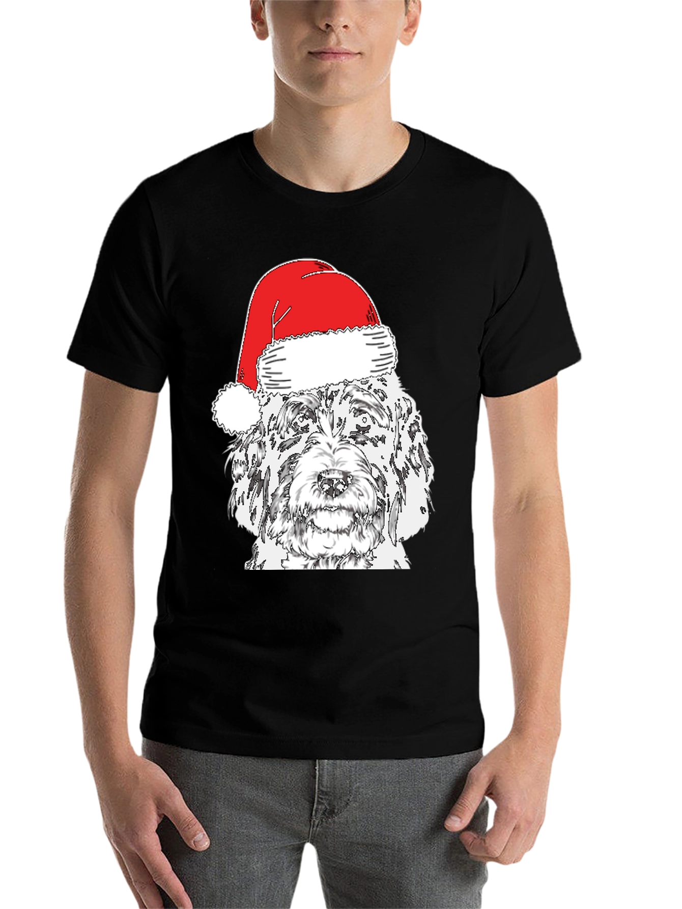 Black Festive Dog Santa Hat T-Shirt view 7