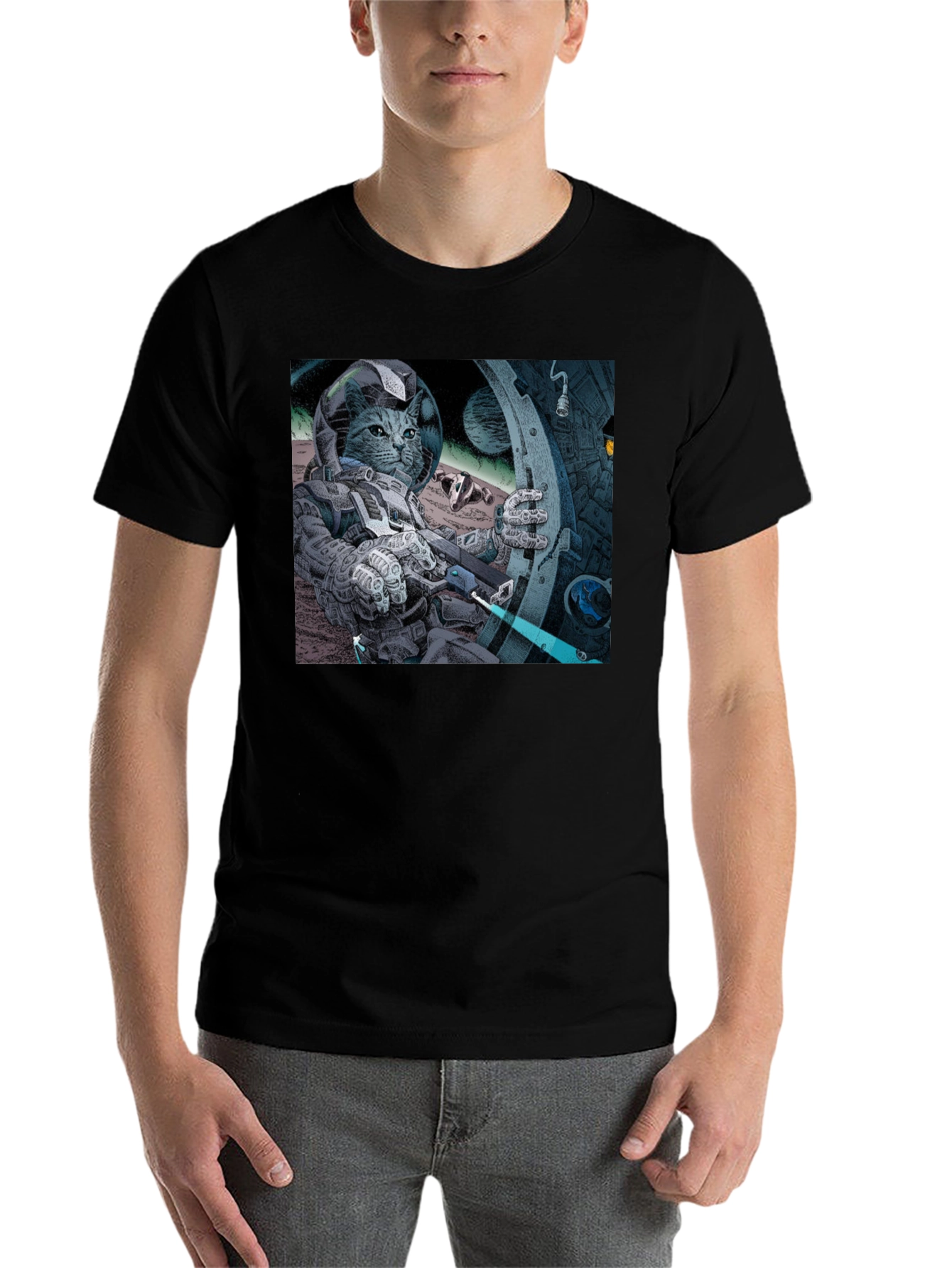 Black Cosmic Cat Astronaut T-Shirt - Cool Graphic Tee view 7